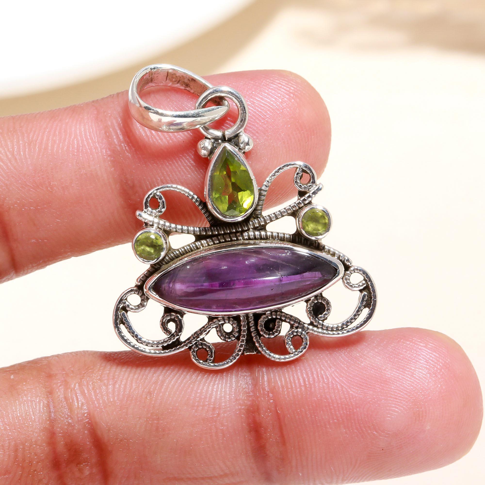925 Sterling Silver Handmade Amethyst & Peridot Filigree Pendant