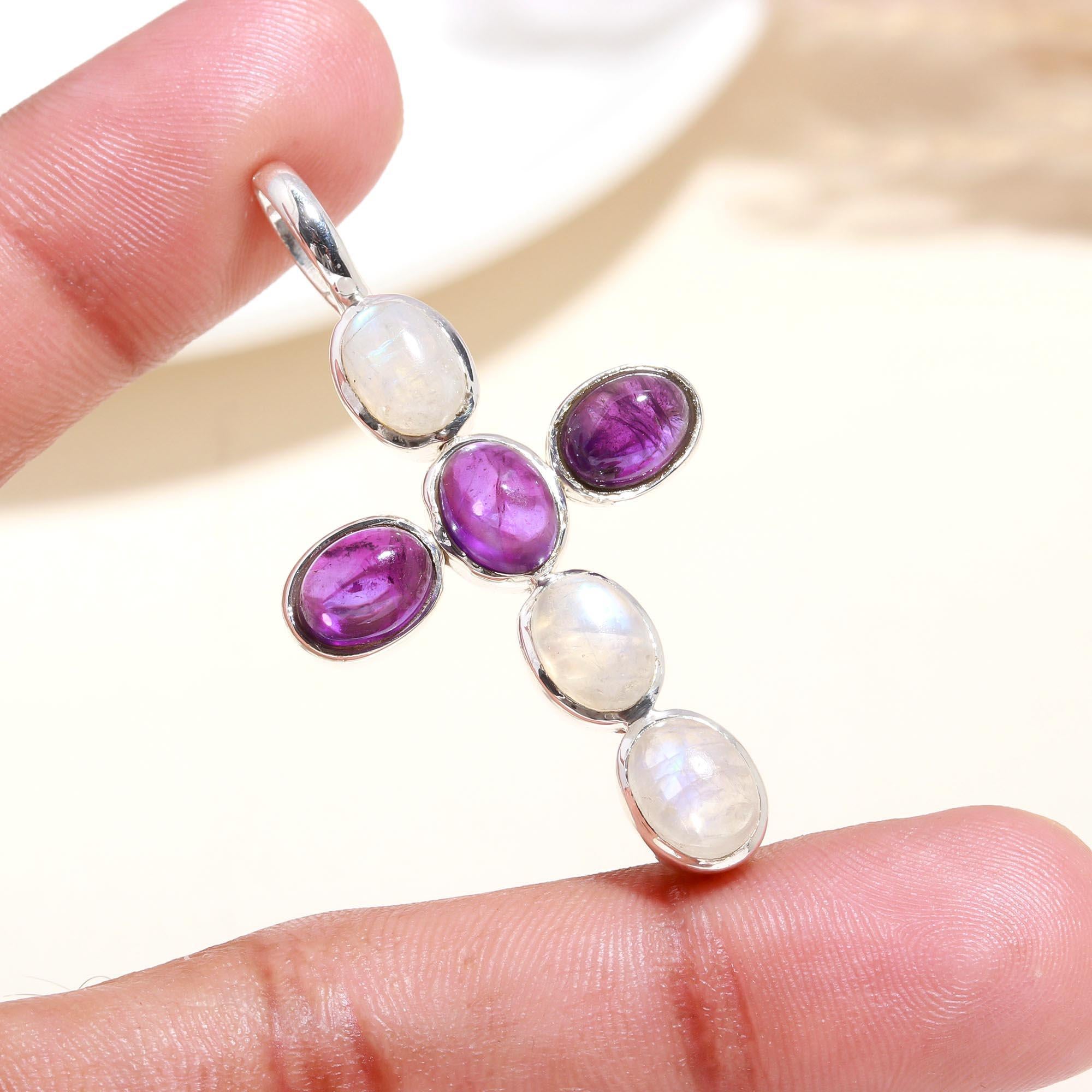 925 Sterling Silver Handmade Amethyst & Moonstone Cross Pendant