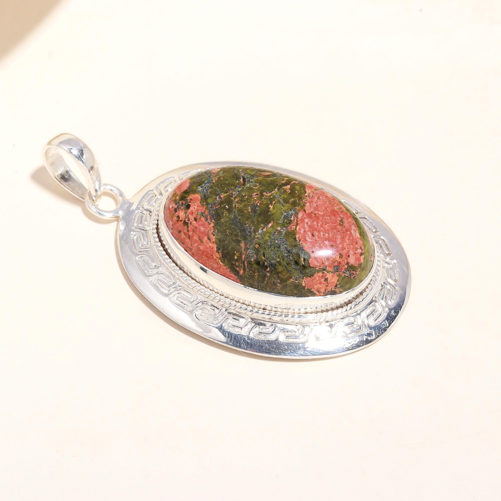 925 Sterling Silver Handmade Unakite Oval Pendant