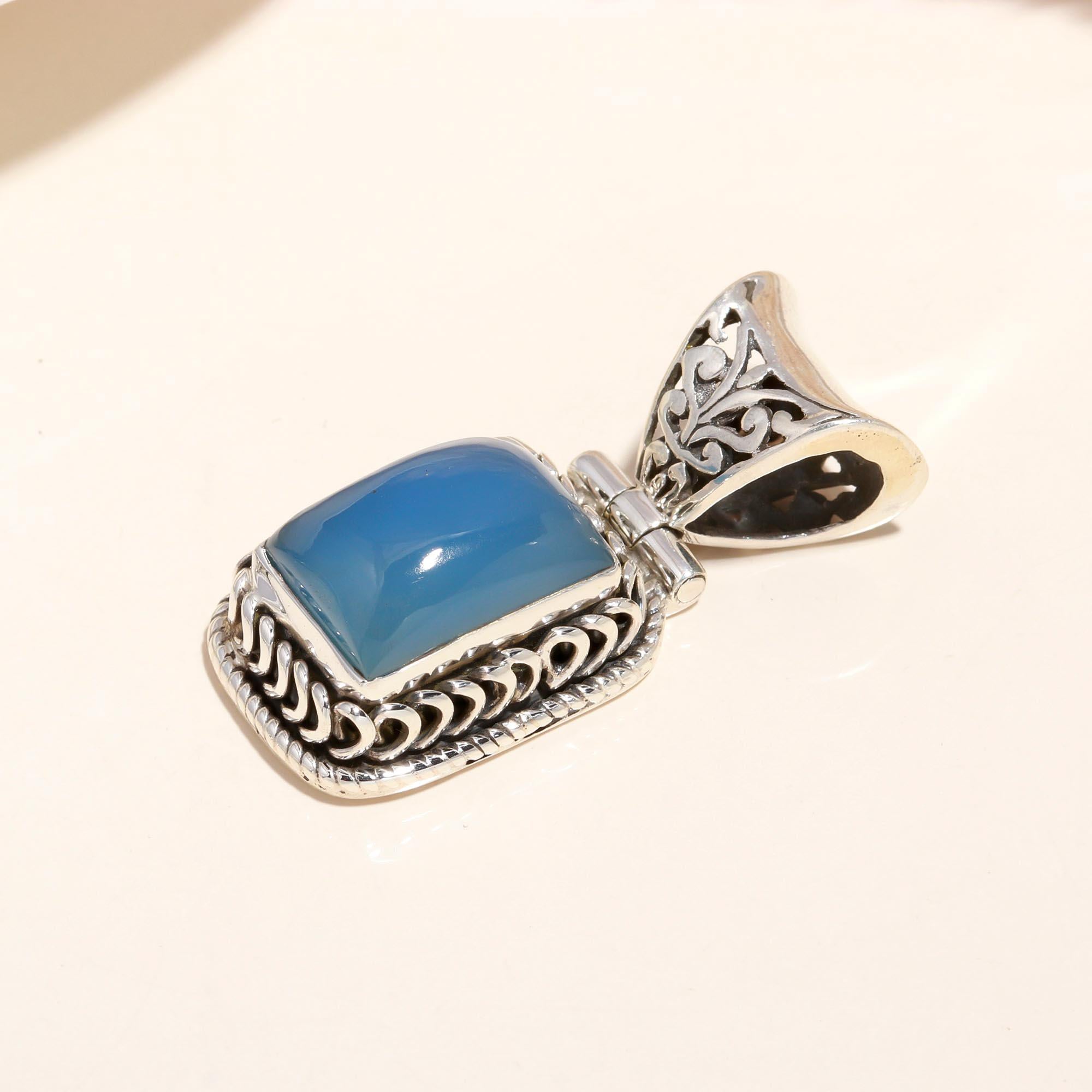 925 Sterling Silver Vintage Blue Chalcedony Rectangle Boho Pendant