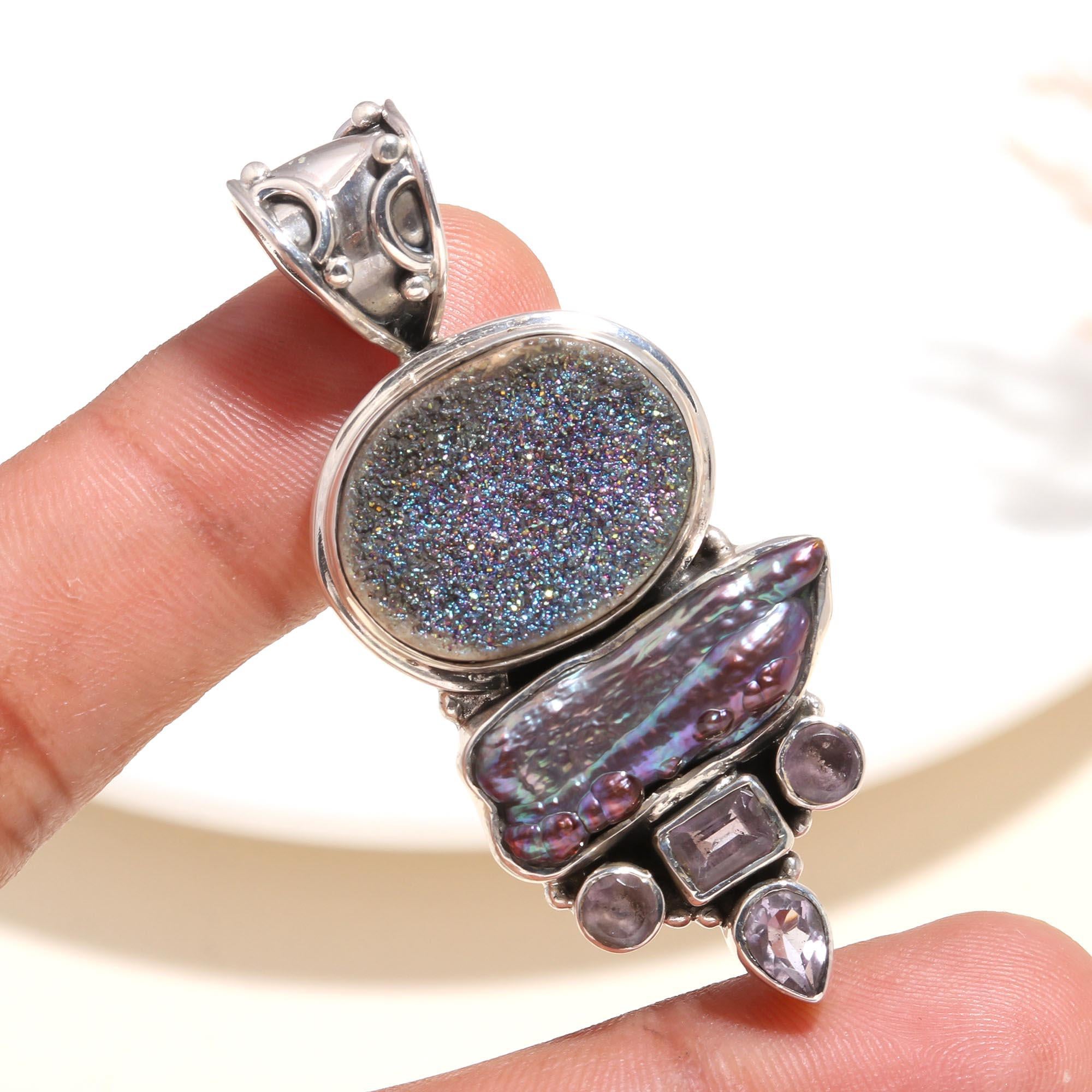 925 Sterling Silver Druzy & Abalone Shell Pendant