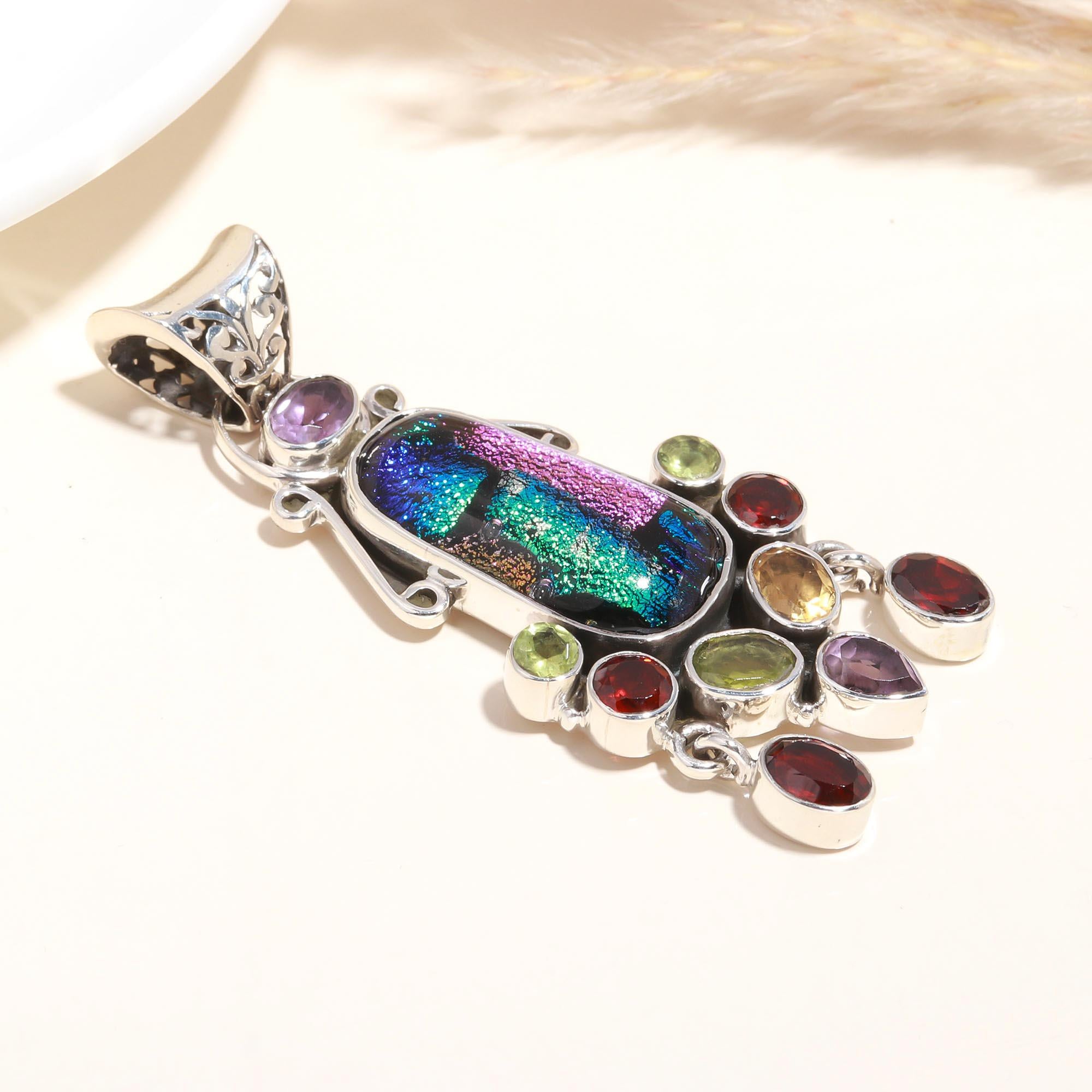 925 Sterling Silver Handmade Dichroic Glass &Mu lti-Gemstone Pendant