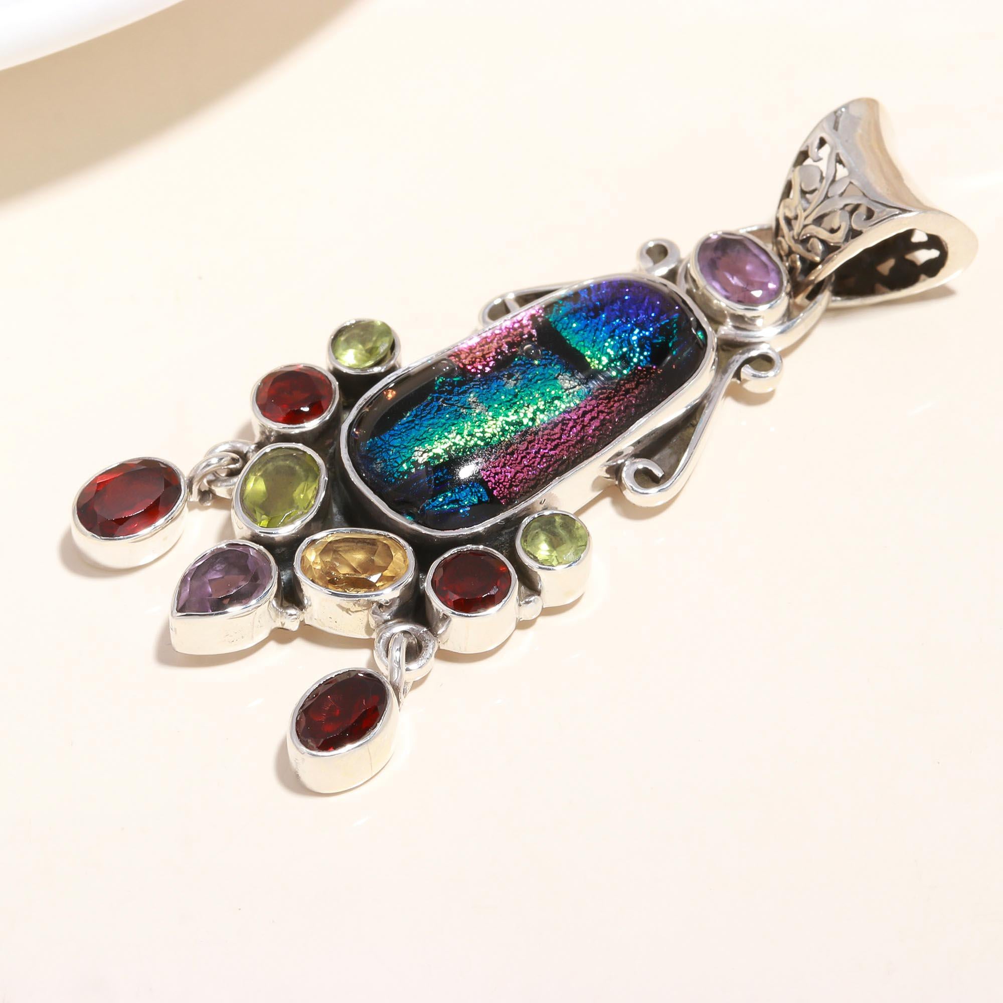925 Sterling Silver Handmade Dichroic Glass &Mu lti-Gemstone Pendant