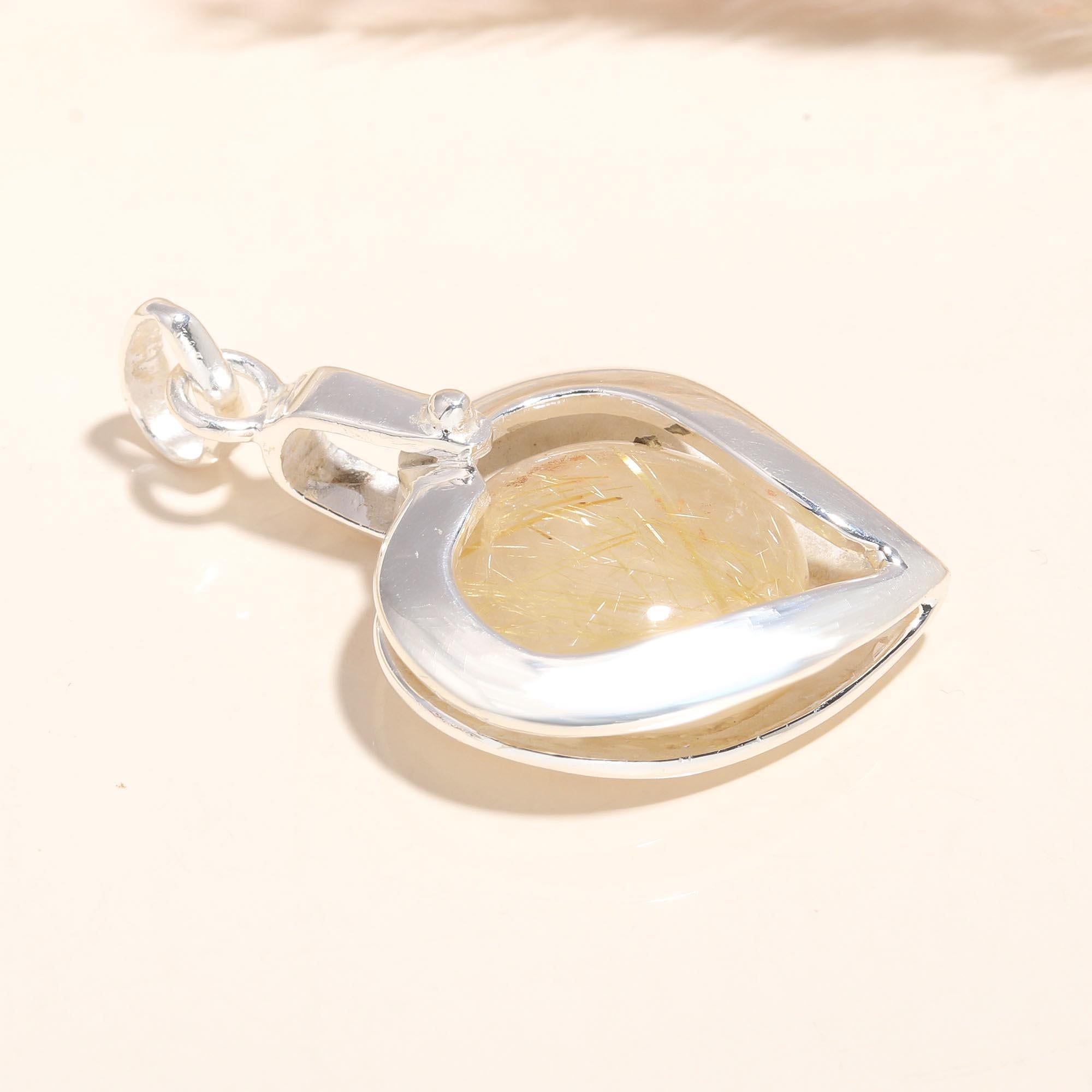 925 Sterling Silver Love Charm Rutilated Quartz Heart Pendant