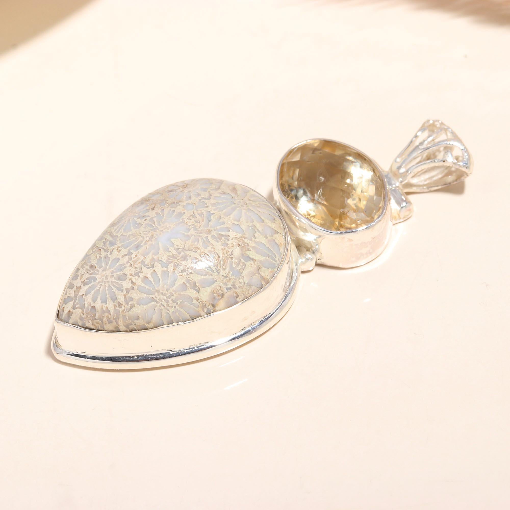 925 Sterling Silver Handmade Fossil Coral & Citrine Pendant