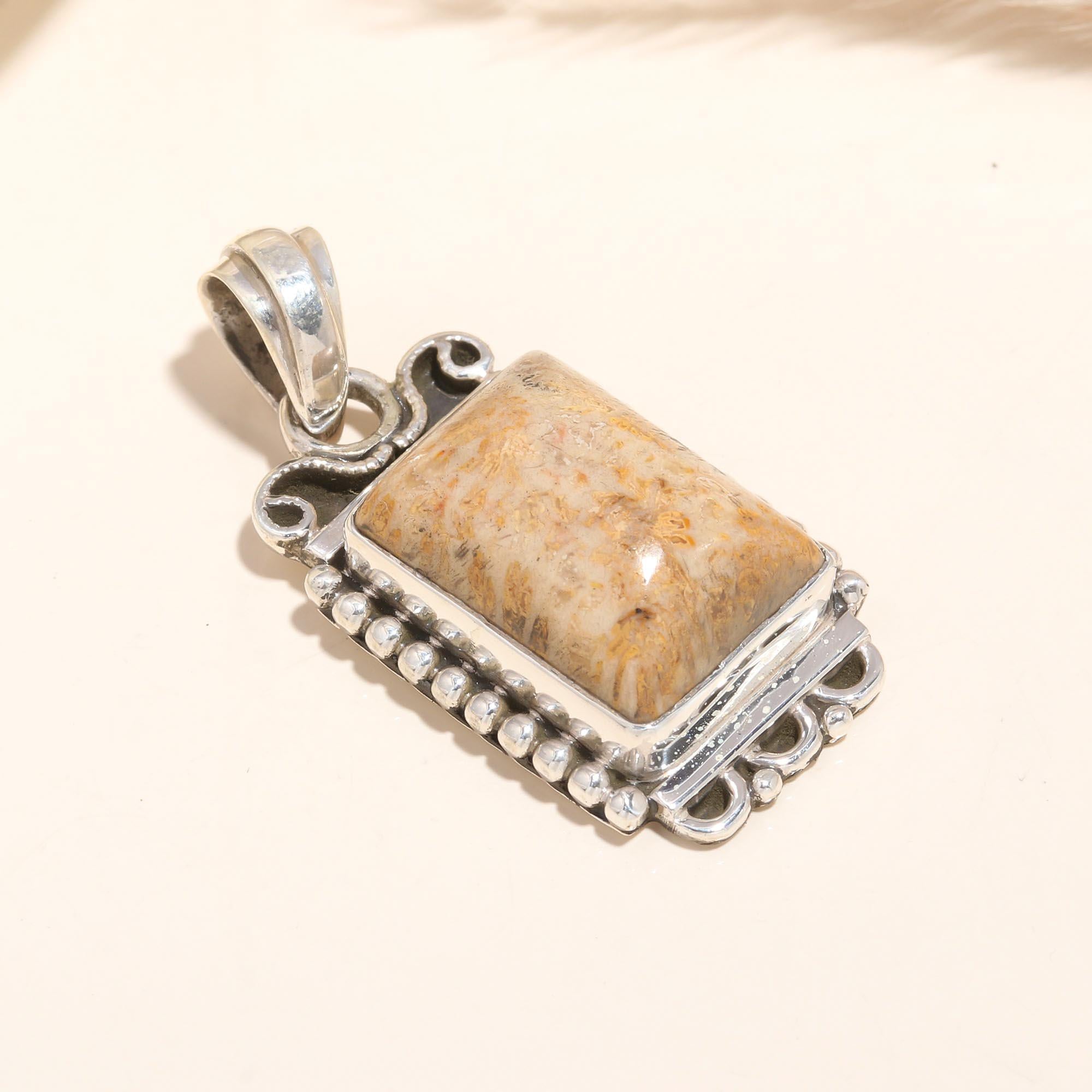 925 Sterling Silver Handmade Rectangle Gemstone Fossil Coral Pendant