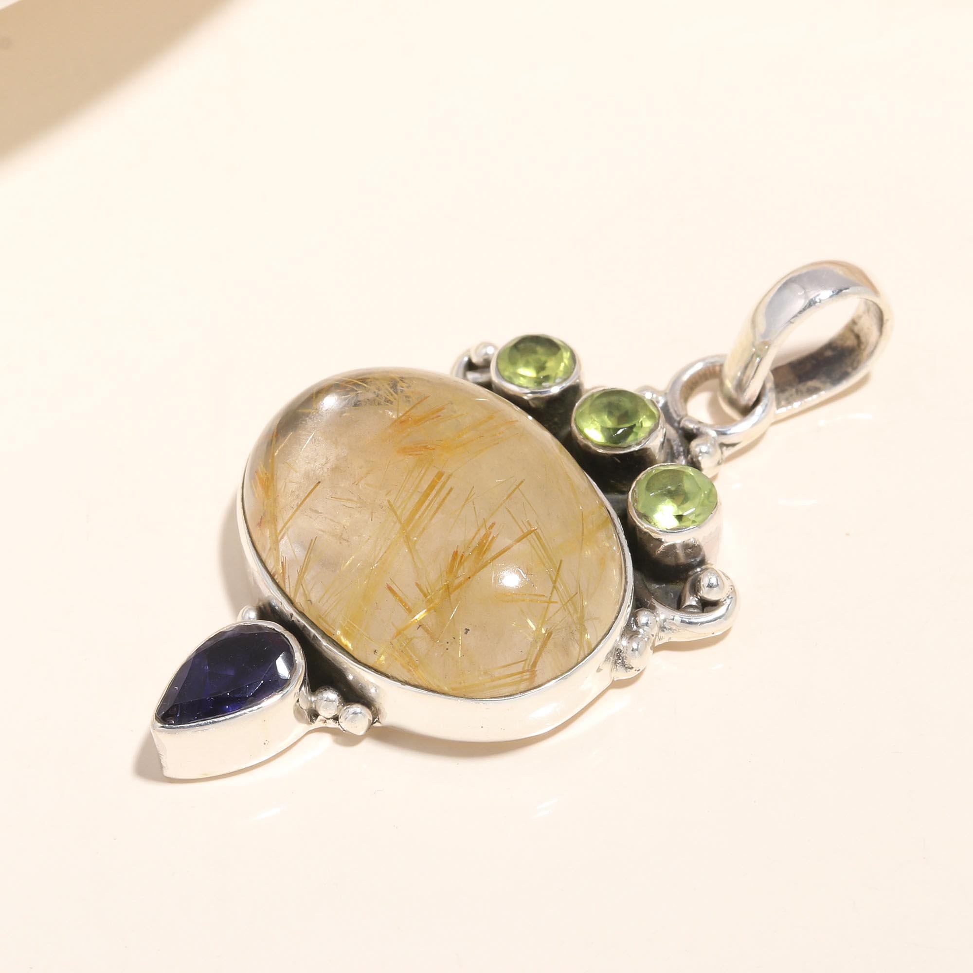 925 Sterling Silver Rutilated Quartz with Peridot & Iolite Gemstone Pendant