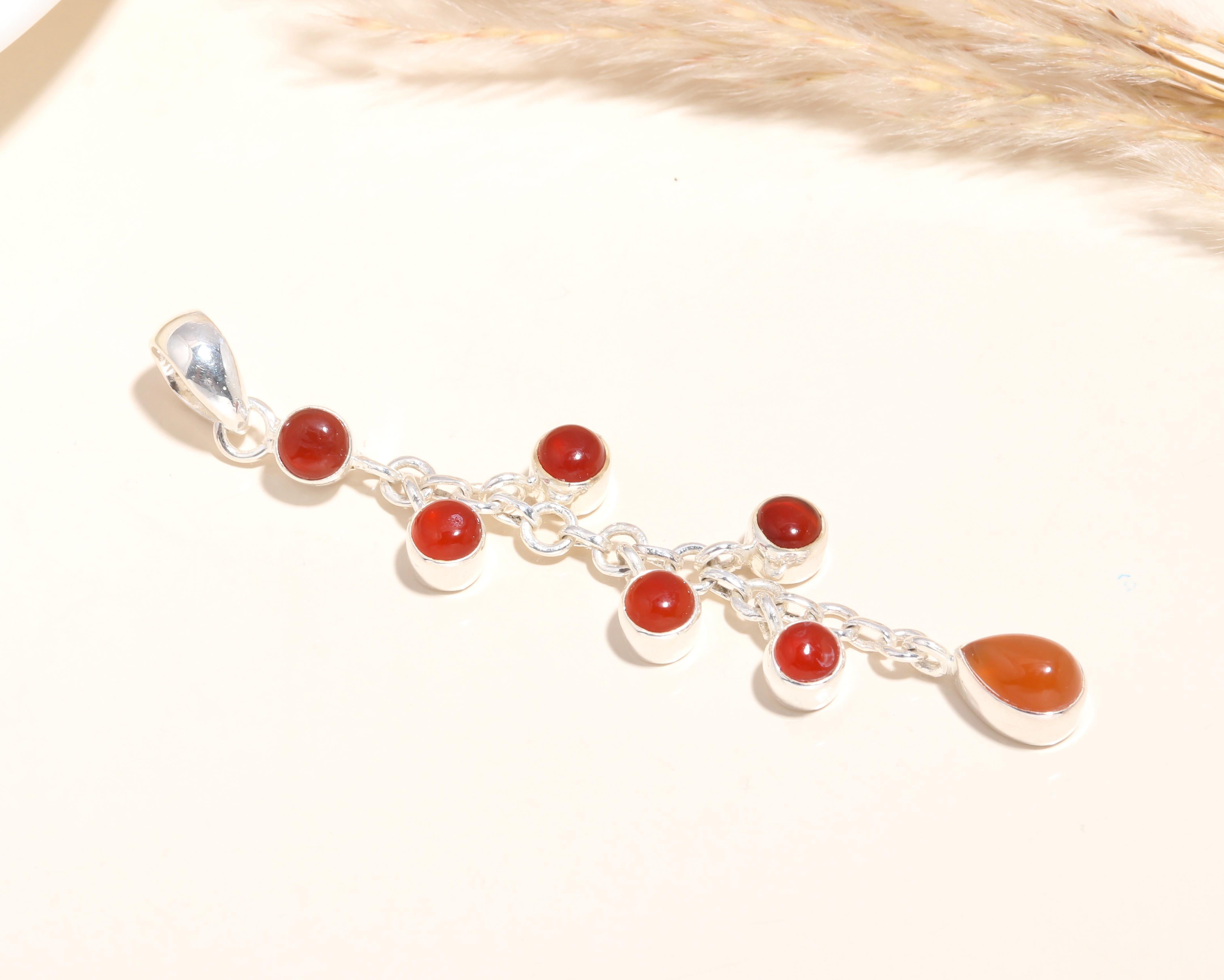 925 Sterling Silver Unique Multi-Stone Red Carnelian Dangle Pendant