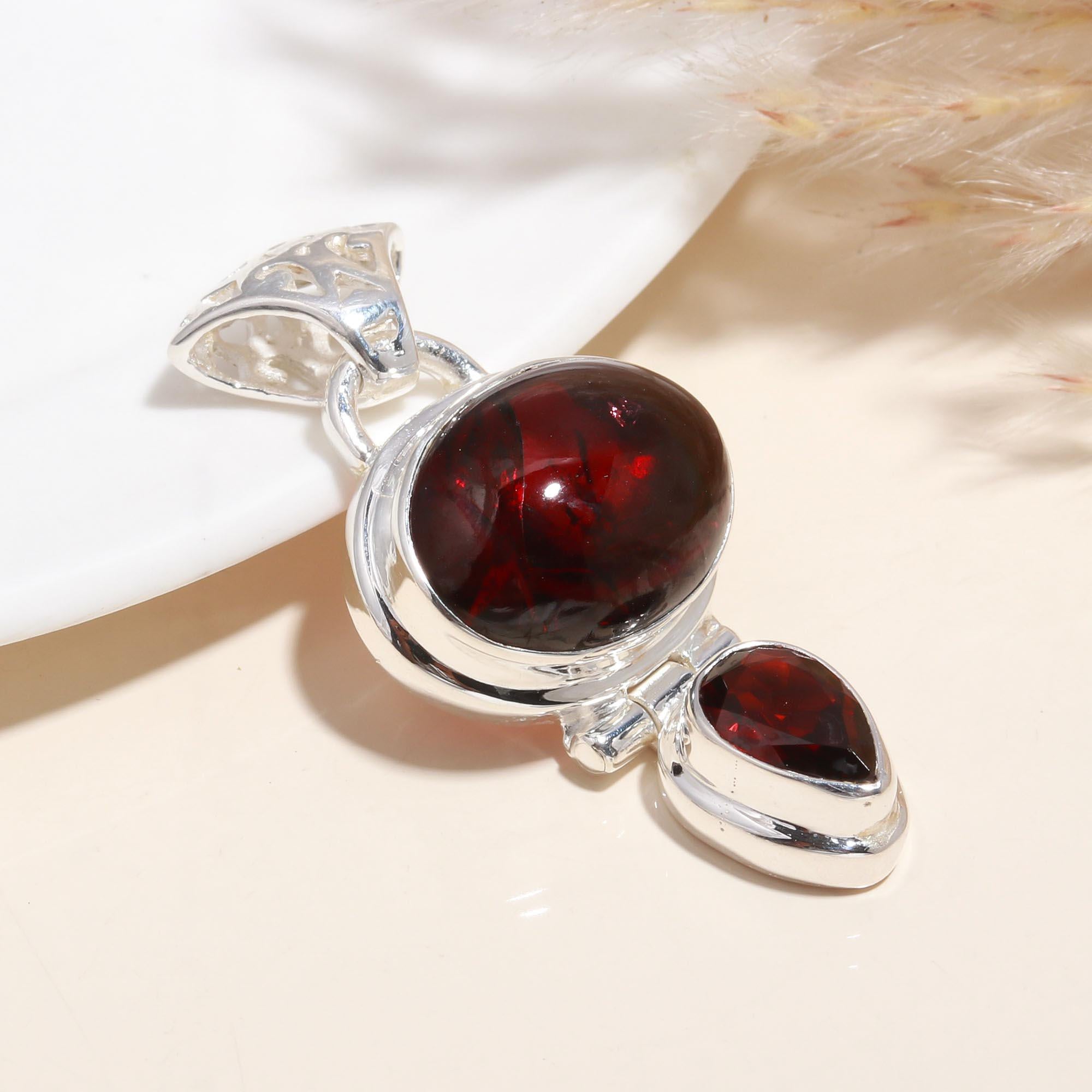 925 Sterling Silver Red Garnet Statement Pendant