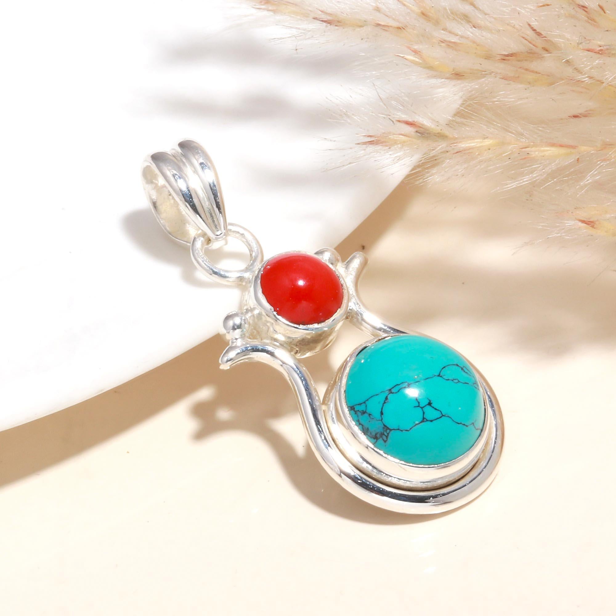 925 Sterling Silver Turquoise & Coral Pendant