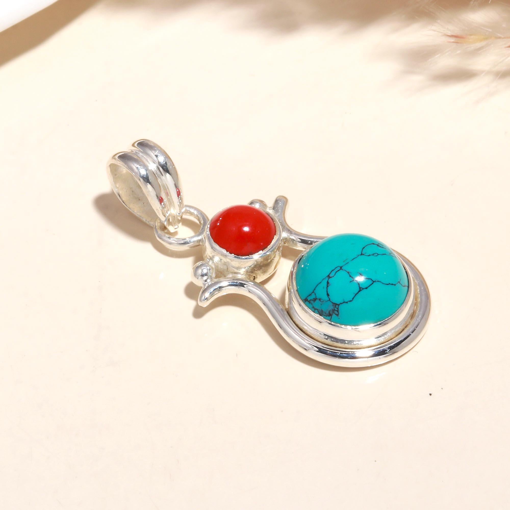925 Sterling Silver Turquoise & Coral Pendant