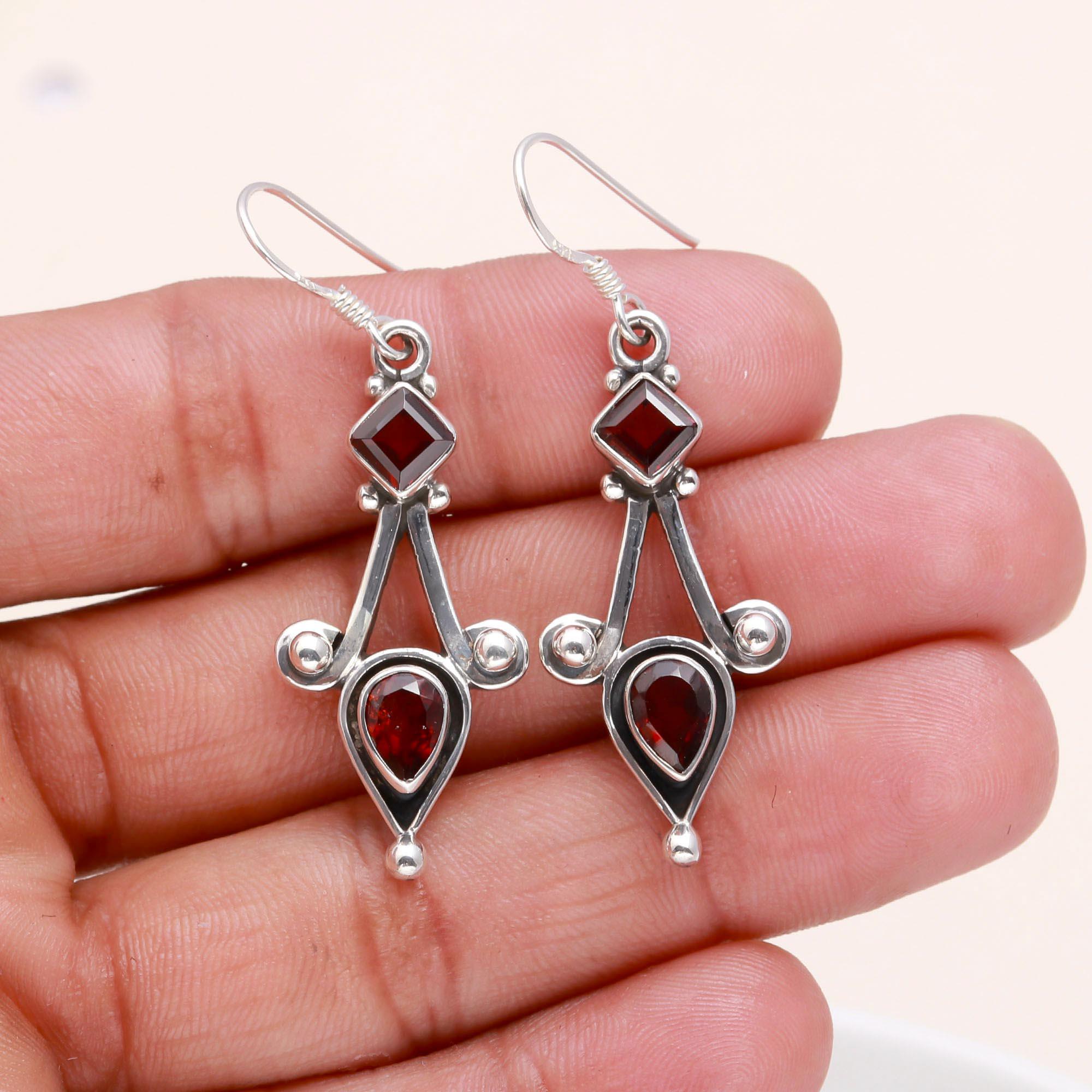 925 Sterling Silver Garnet Handmade Dangle Earrings
