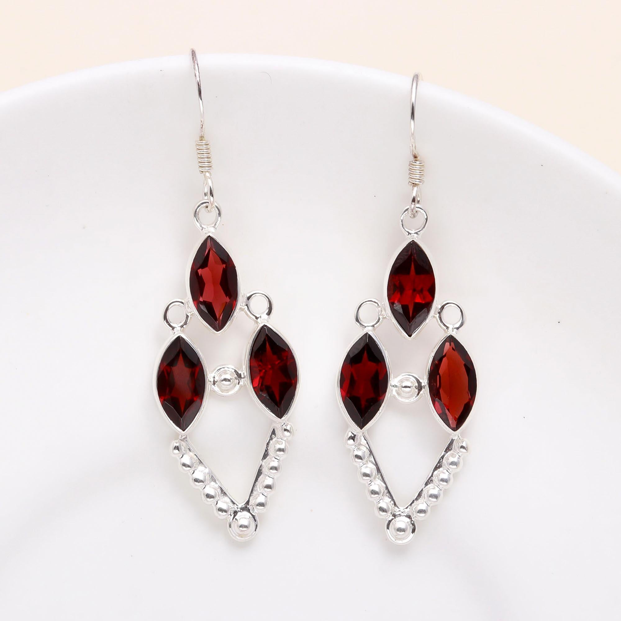 925 Sterling Silver Boho Vintage Handmade Garnet Dangle Earrings