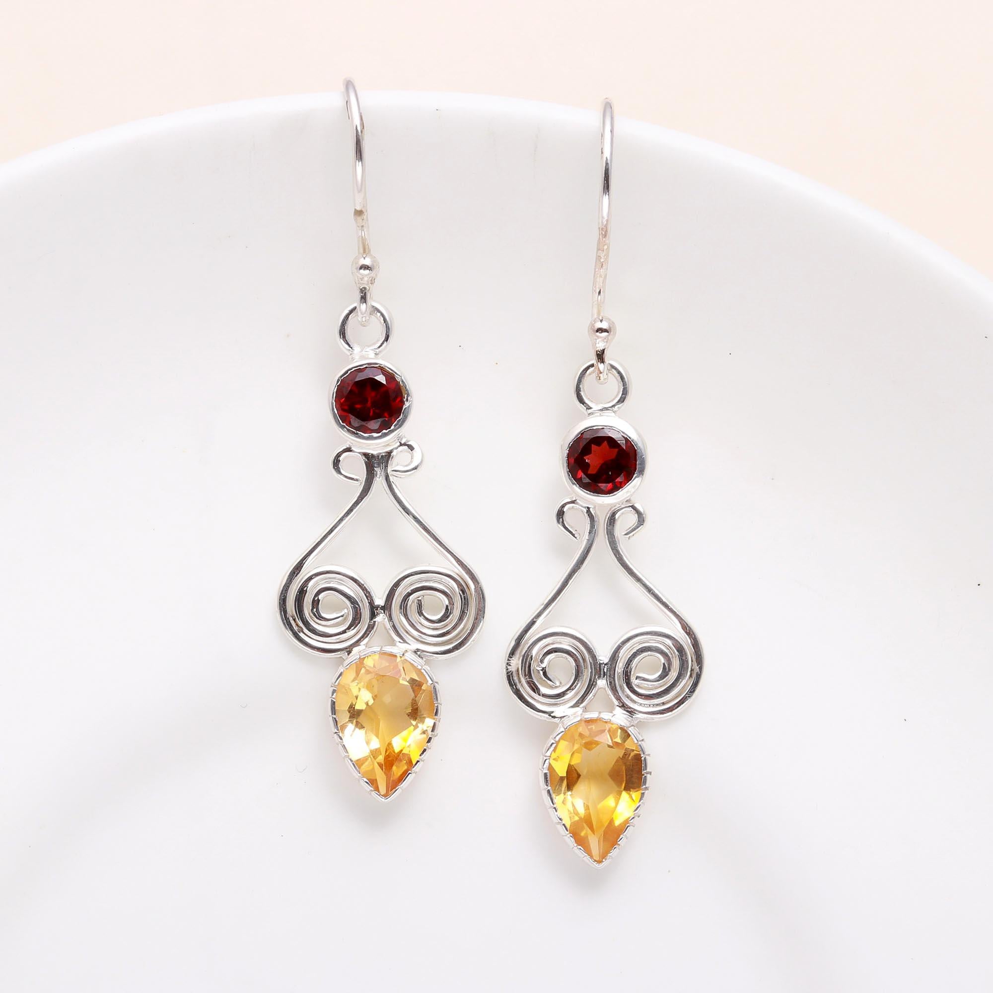 925 Sterling Silver Garnet & Citrine Vintage Filigree Dangle Earrings