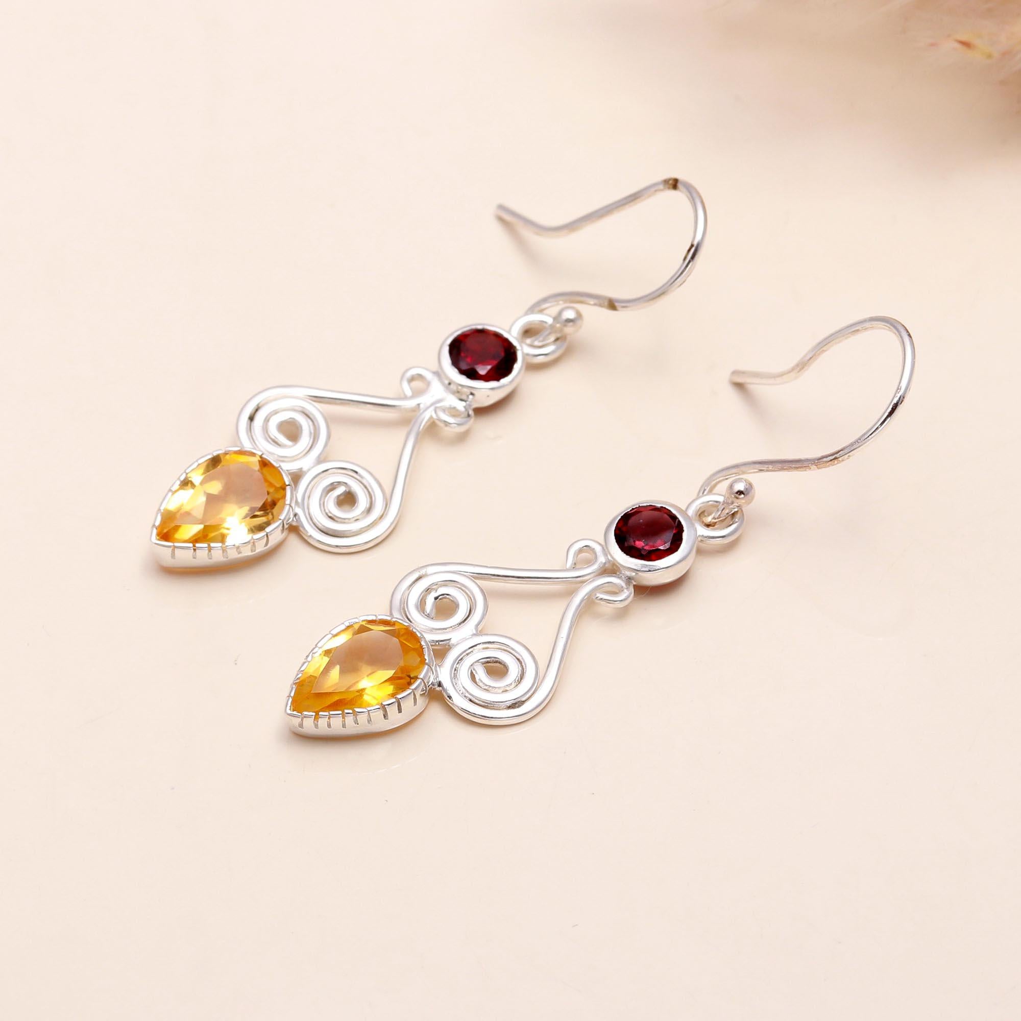 925 Sterling Silver Garnet & Citrine Vintage Filigree Dangle Earrings