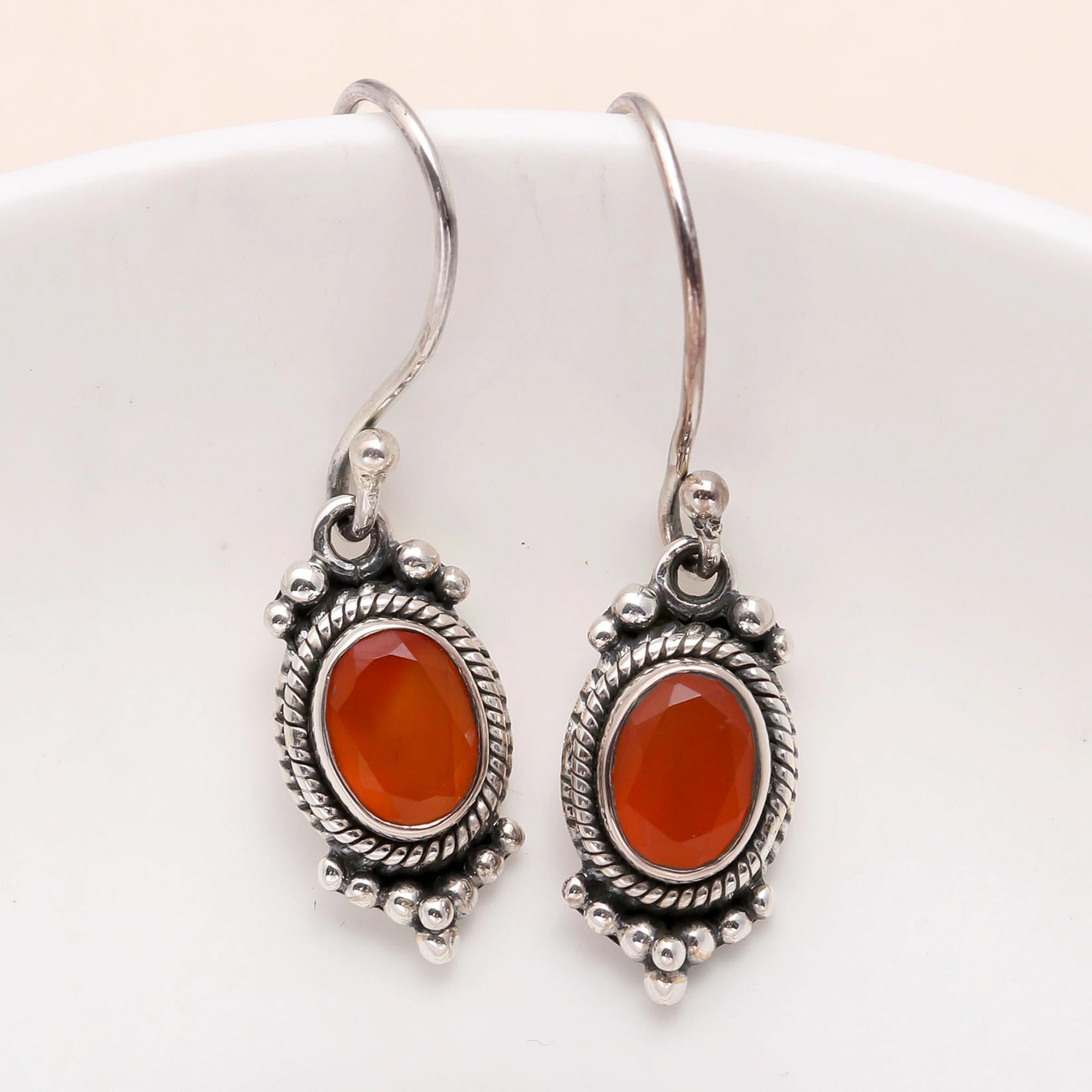 925 Sterling Silver Vintage Orange Carnelian Dangle Earrings