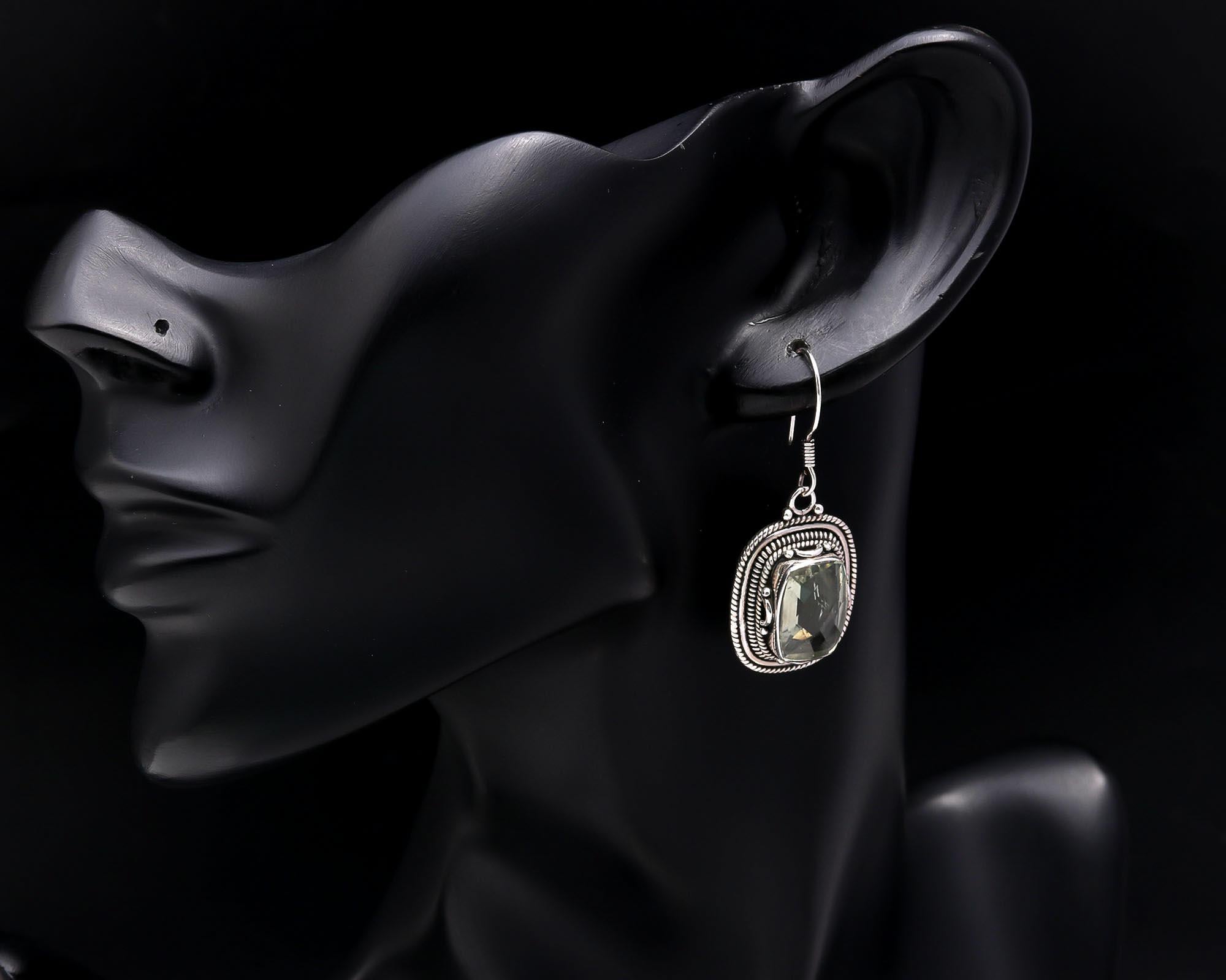 925 Sterling Silver Faceted Green Amethyst Drop Earrings