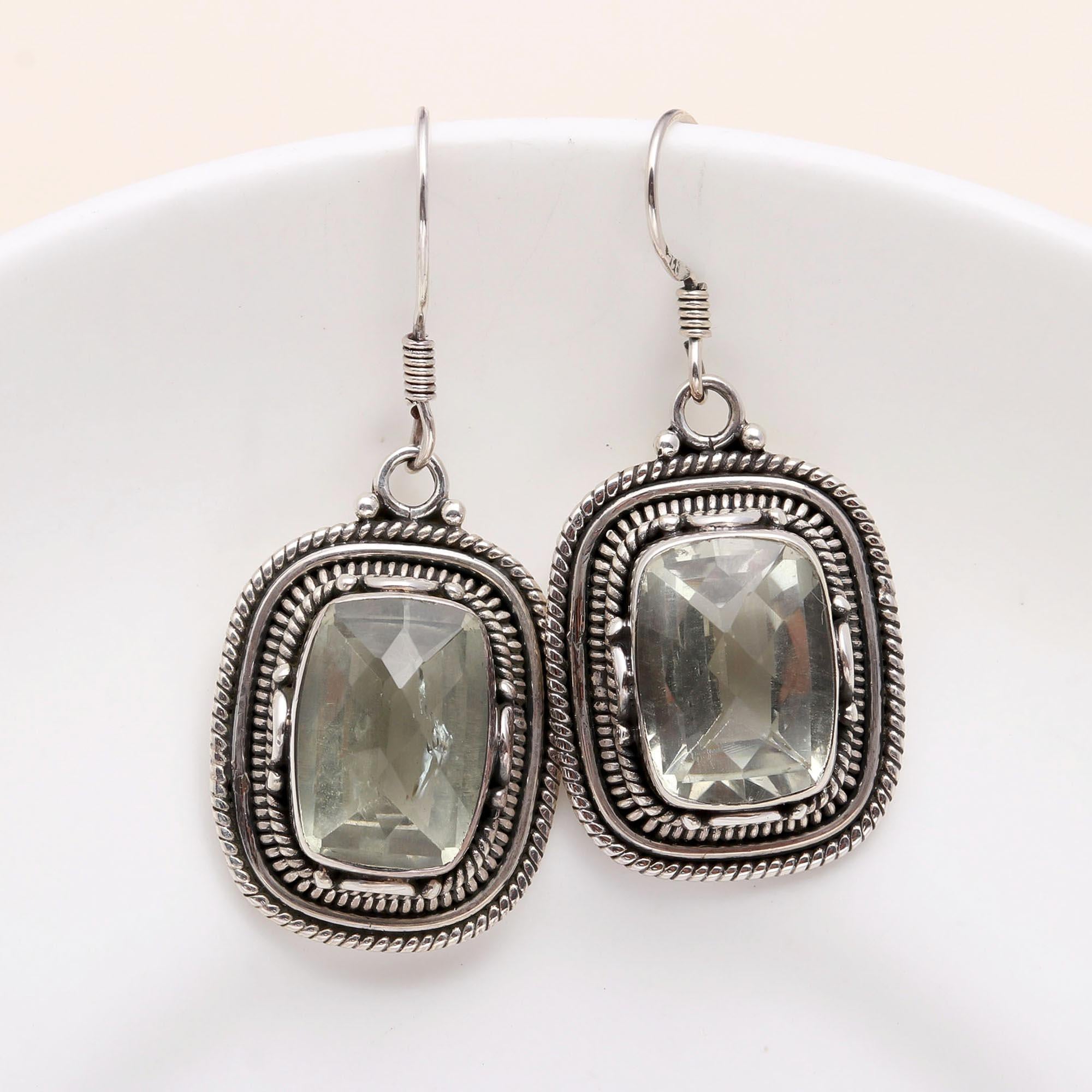925 Sterling Silver Faceted Green Amethyst Drop Earrings