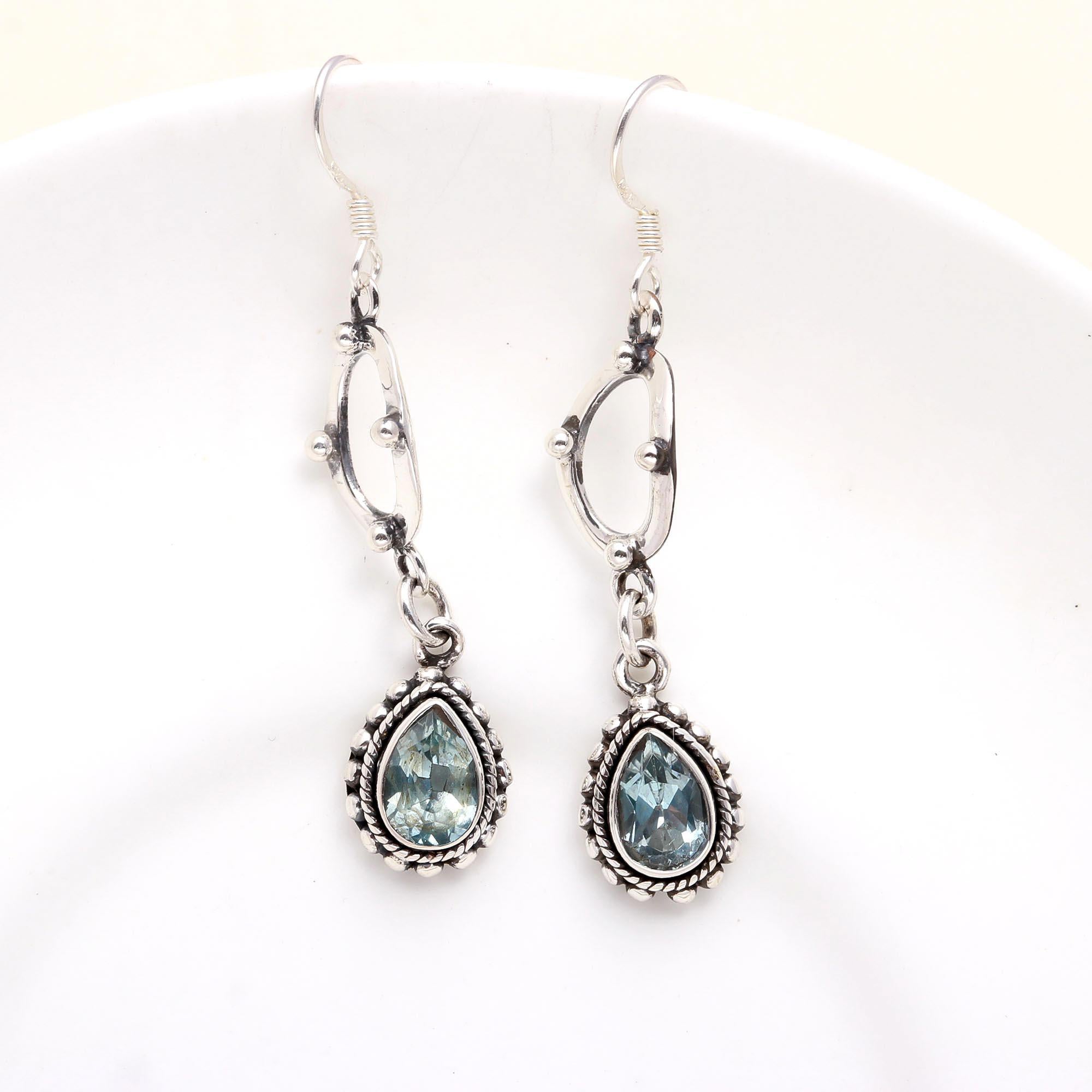 925 Sterling Silver Vintage Blue Topaz Teardrop Dangle Earrings