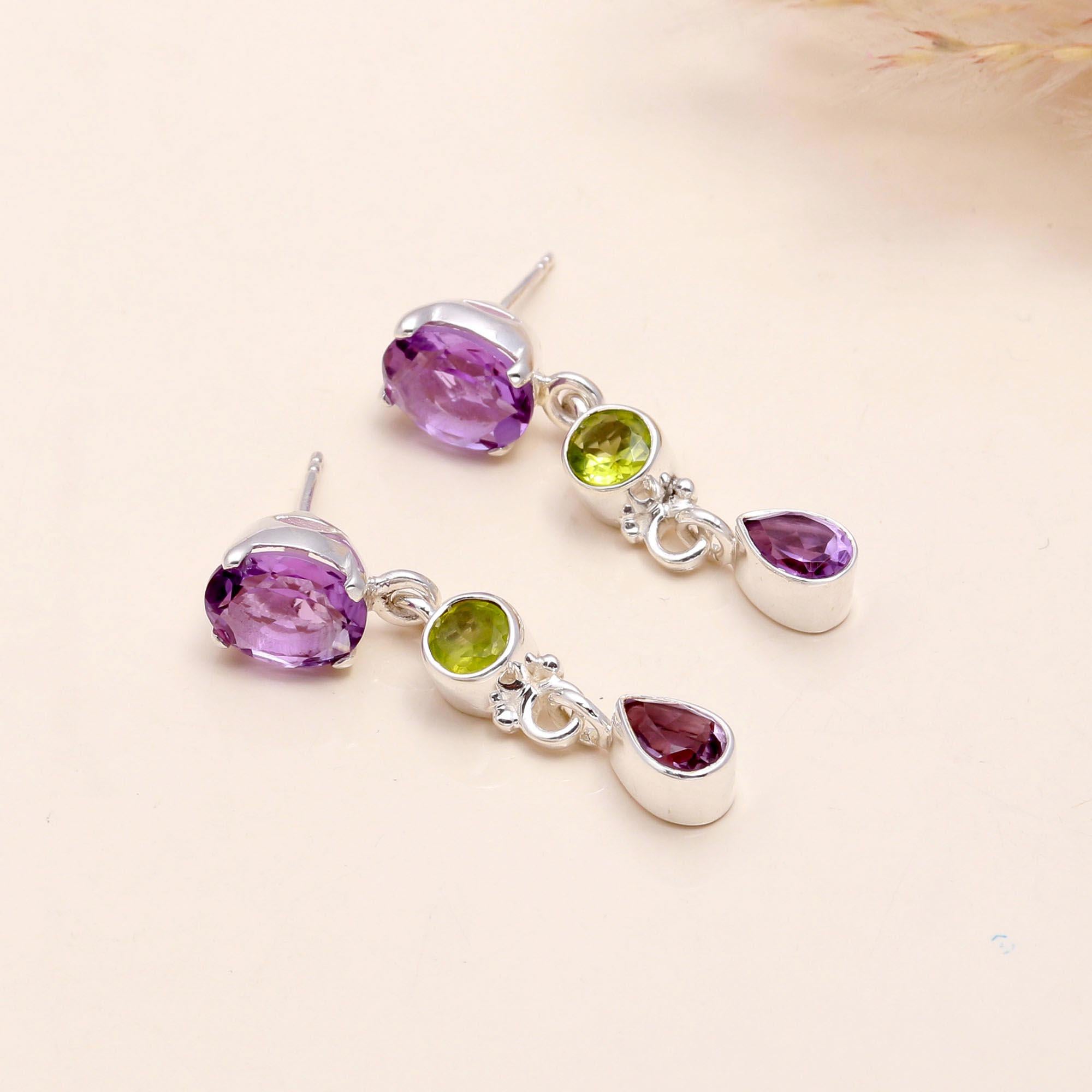 925 Sterling Silver Amethyst, Peridot & Garnet Drop Earrings