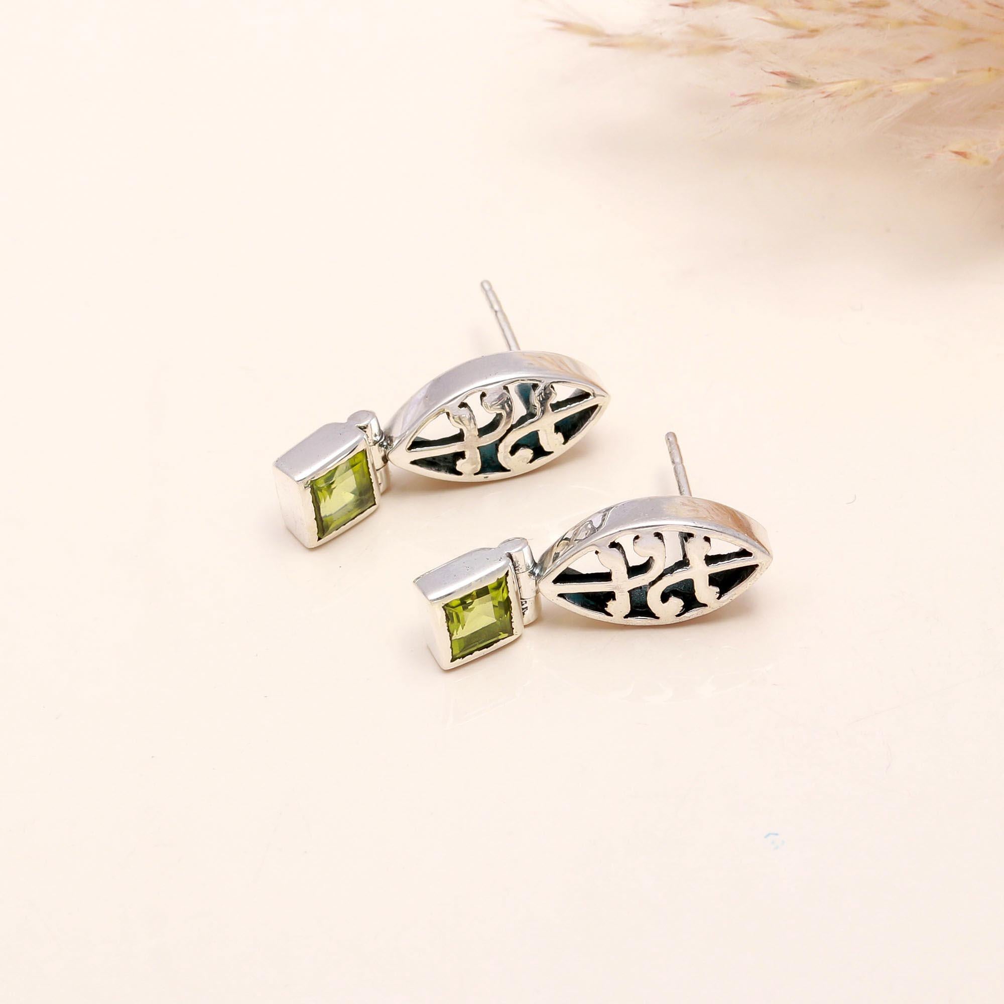 925 Sterling Silver Square Cut Peridot Dangle Earrings