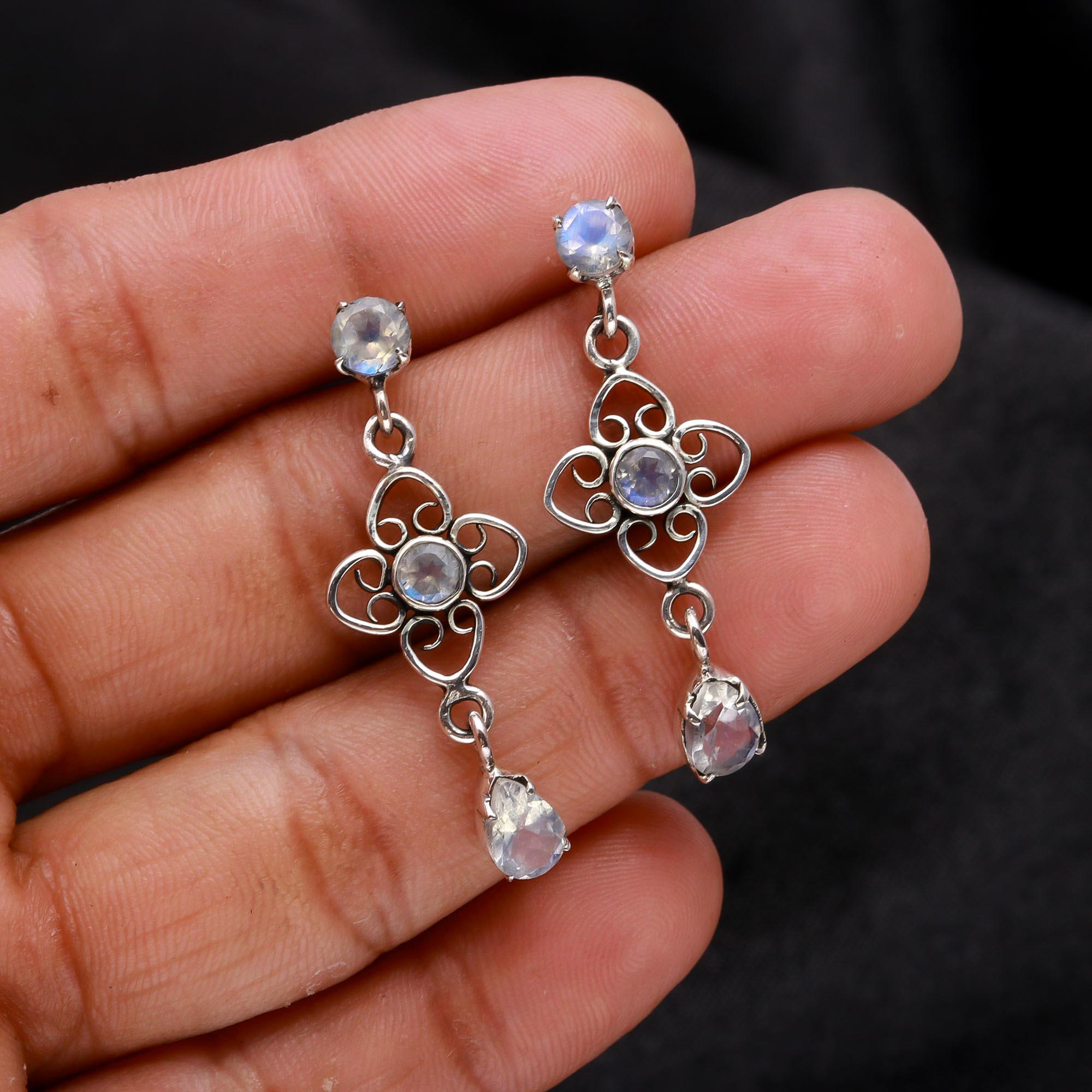 925 Sterling Silver Moonstone Filigree Drop Earrings