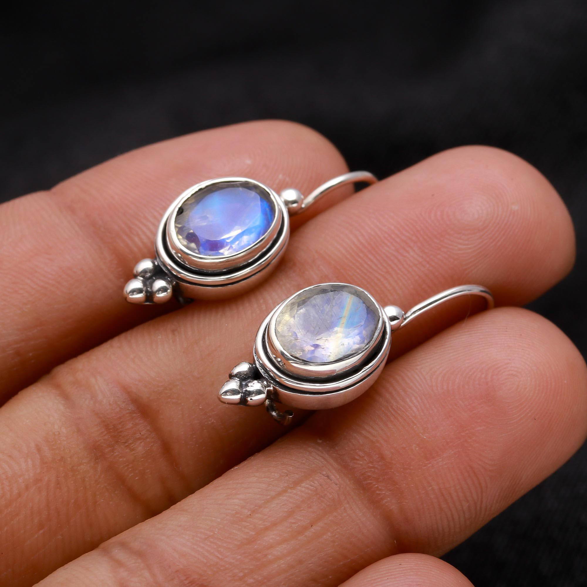 The Lunar Drop: Sterling Silver & Rainbow Moonstone Earrings