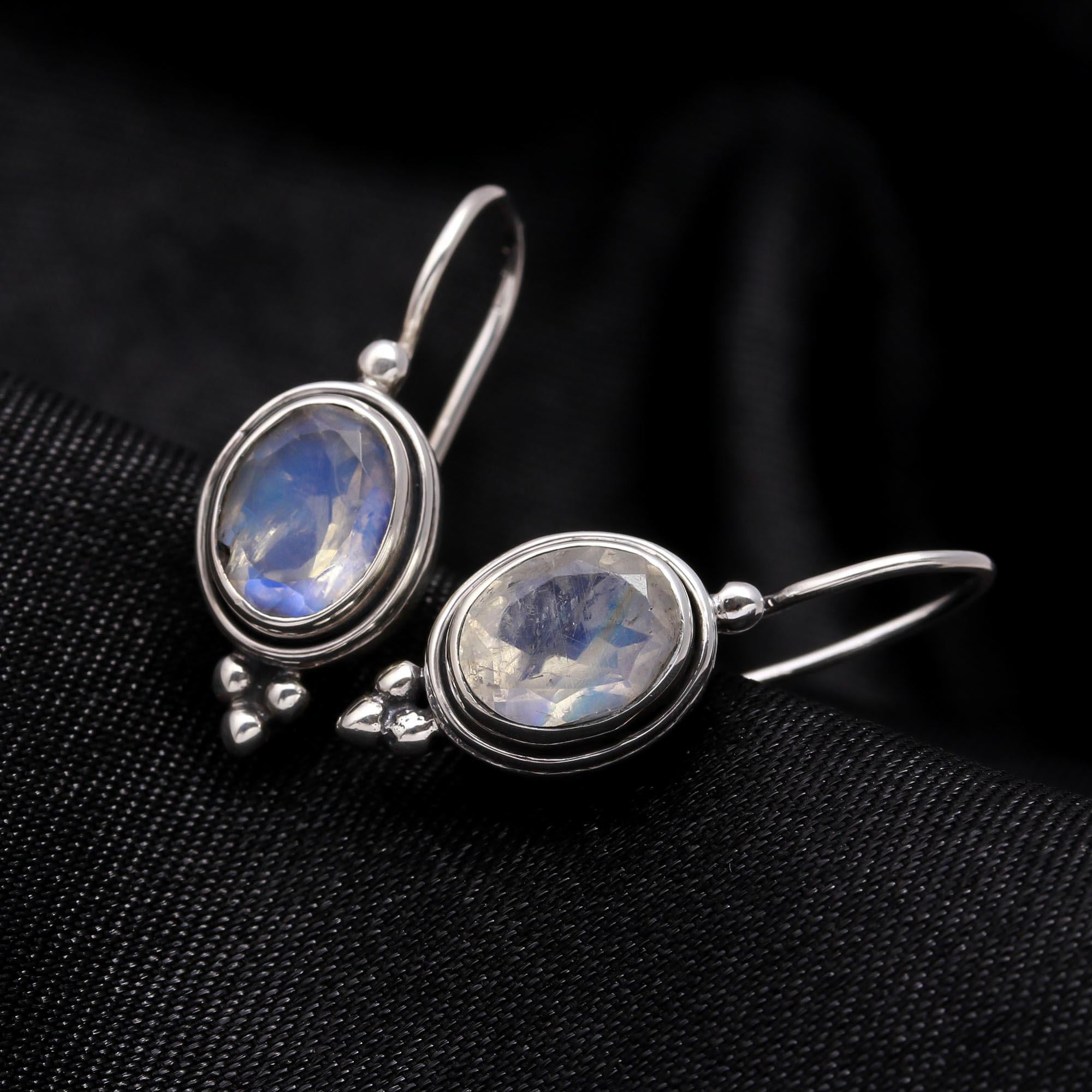 The Lunar Drop: Sterling Silver & Rainbow Moonstone Earrings