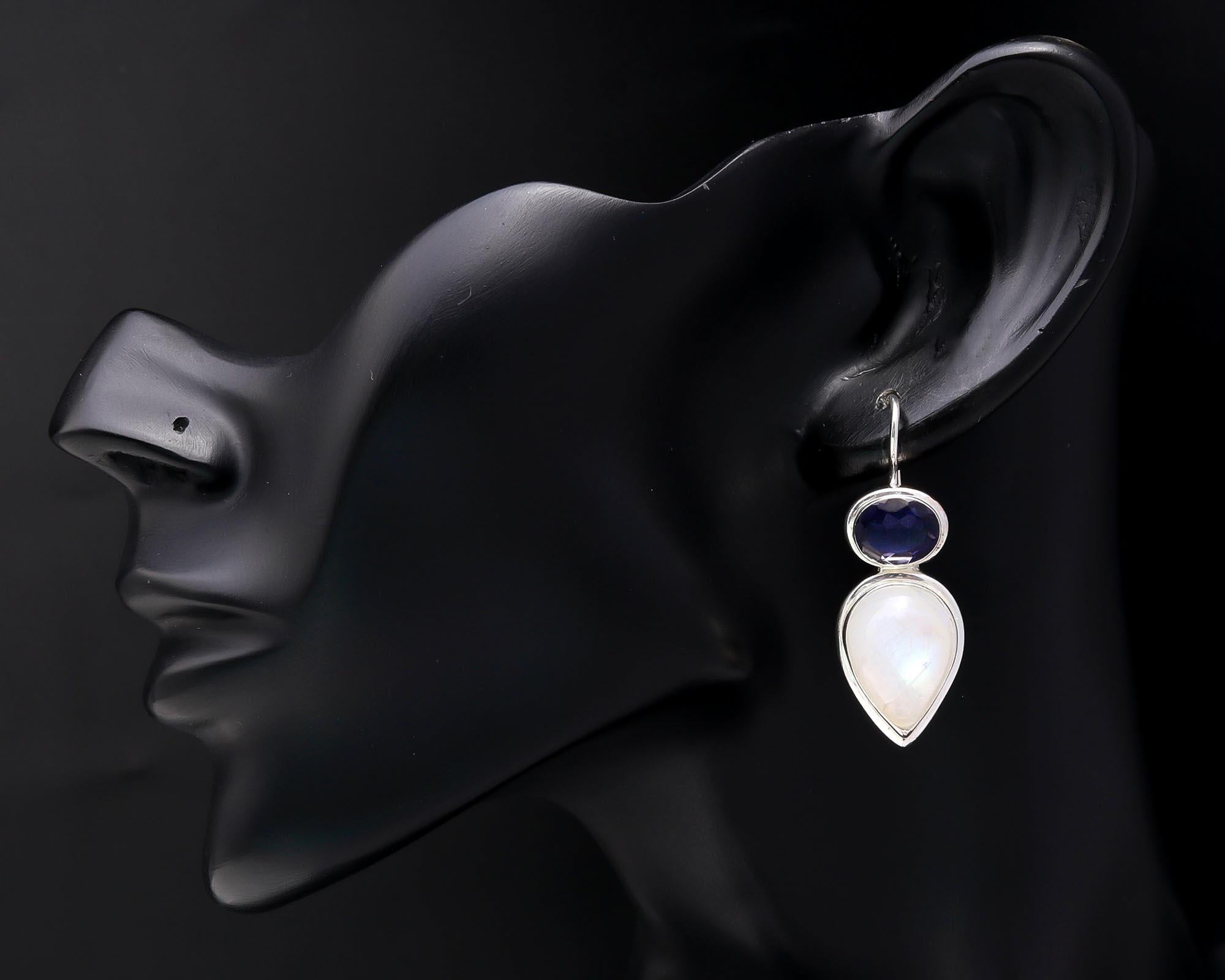 925 Sterling Silver Handmade Moonstone & Amethyst Dangle Earrings