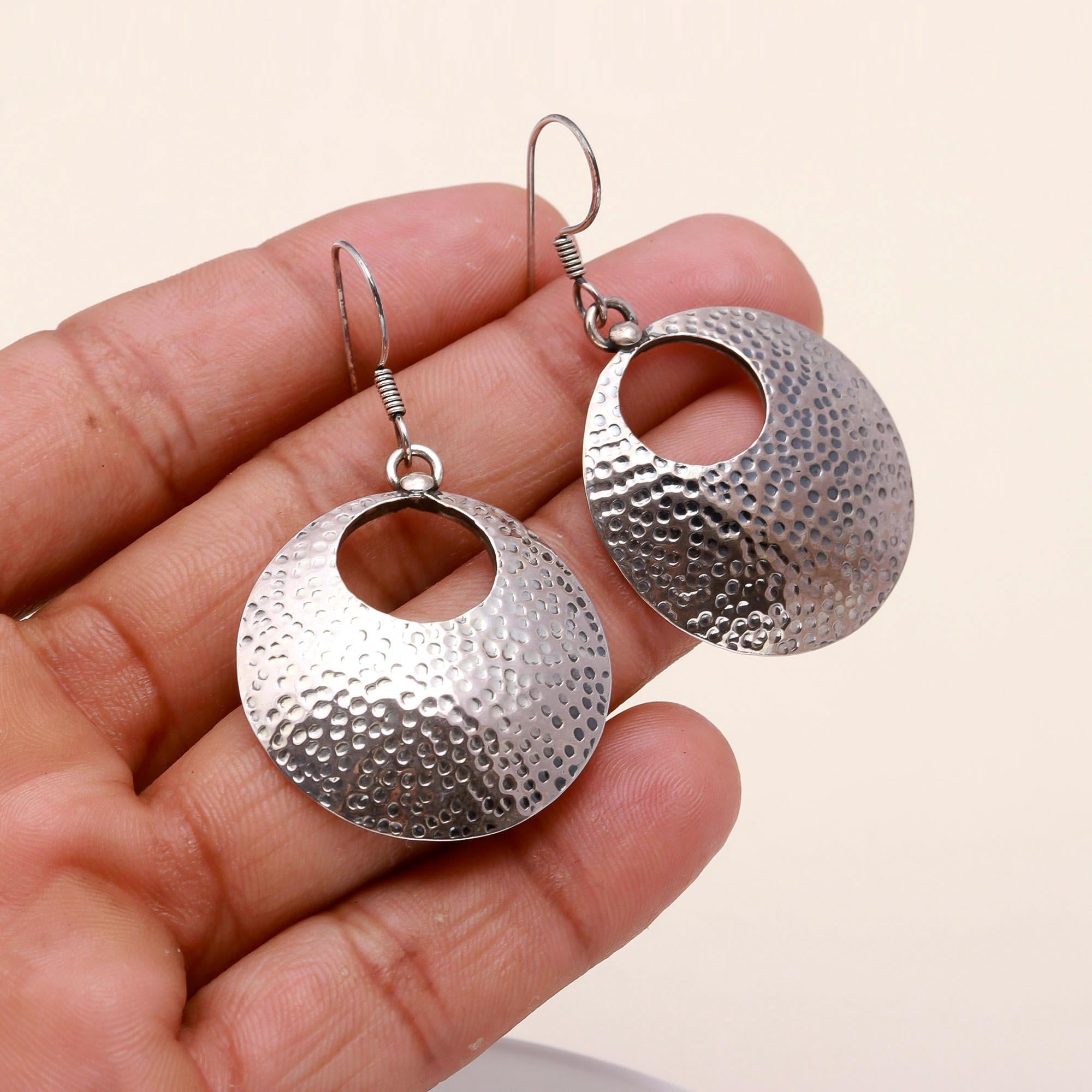 925 Sterling Silver Handmade Hammered Circle Dangle Earrings