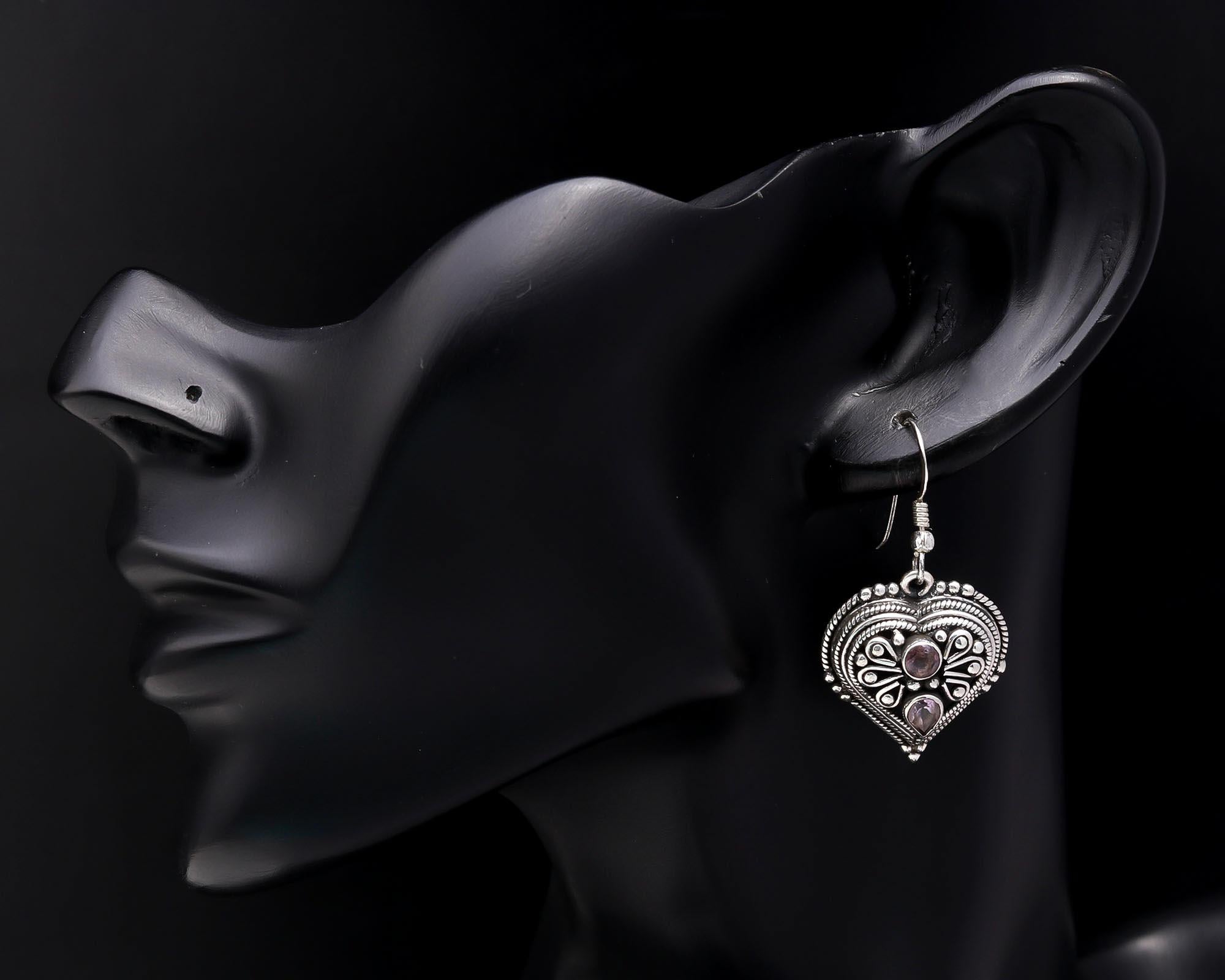 925 Sterling Silver Amethyst Vintage Heart Dangle Earrings
