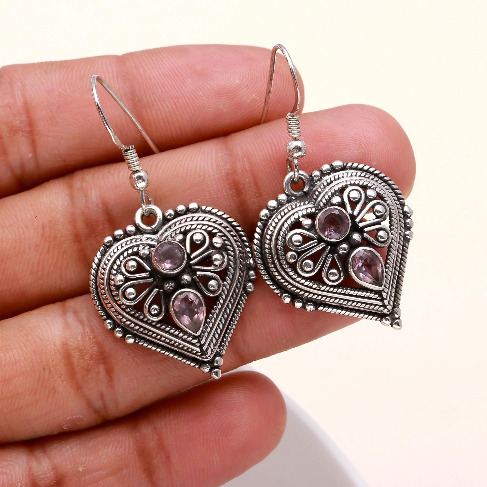 925 Sterling Silver Amethyst Vintage Heart Dangle Earrings