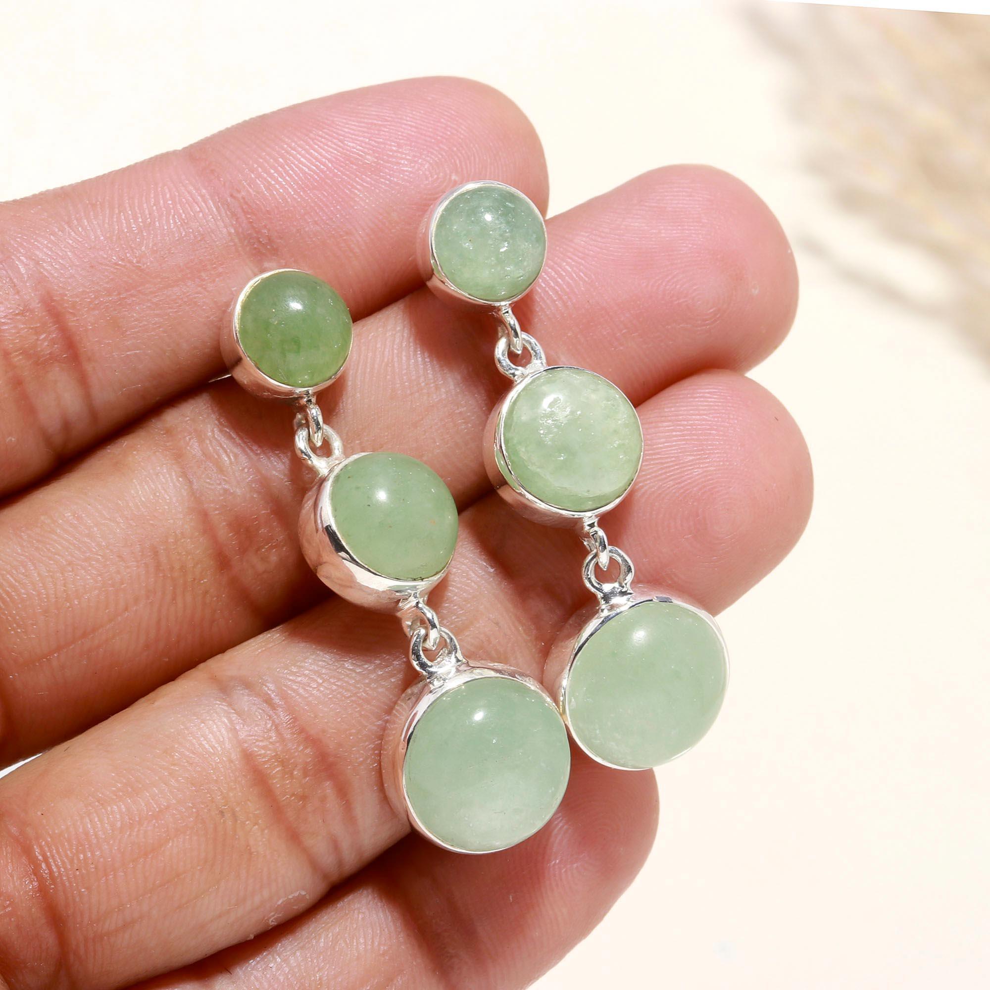 The Jade Cascade: Green Jade Silver Triple Drop Earrings