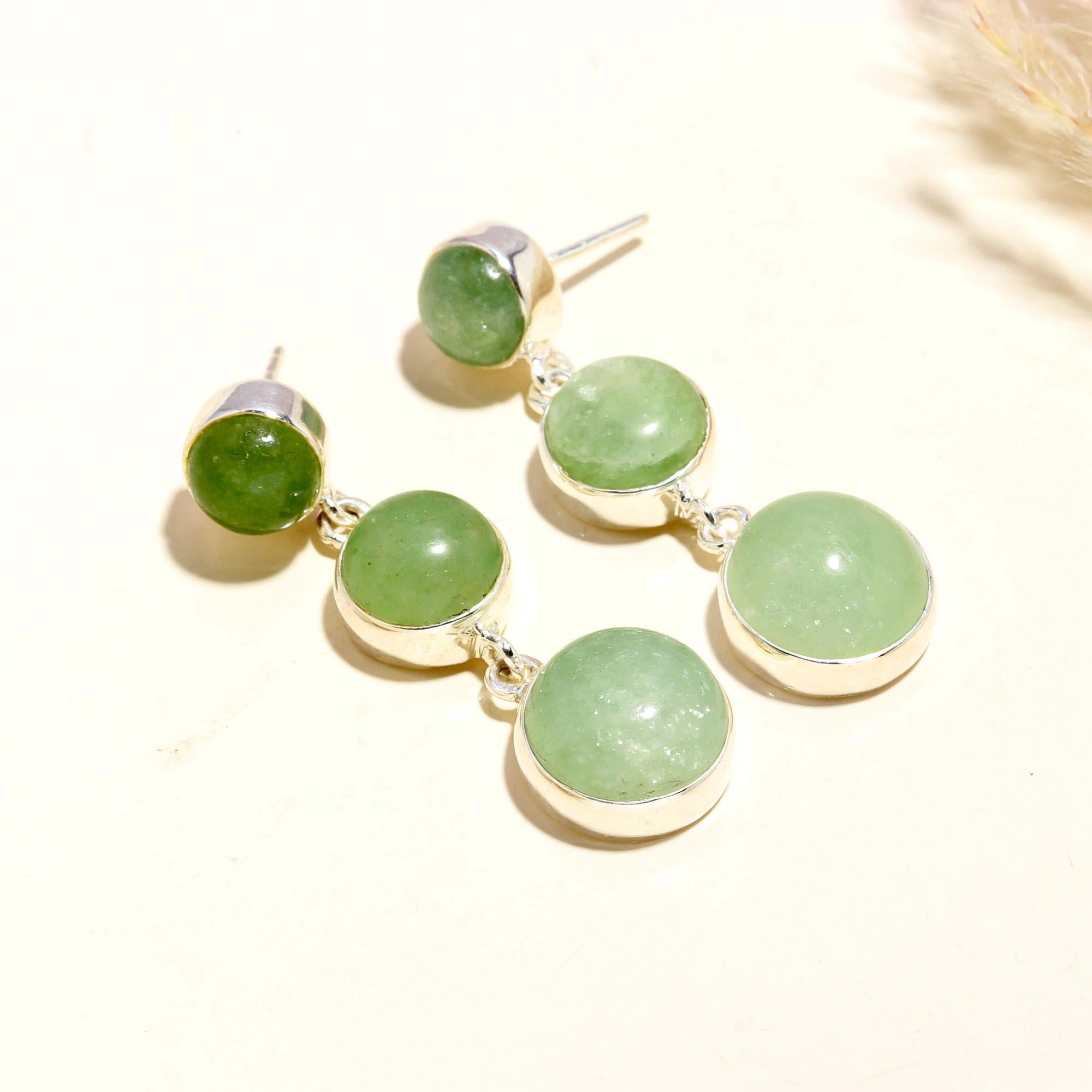 The Jade Cascade: Green Jade Silver Triple Drop Earrings