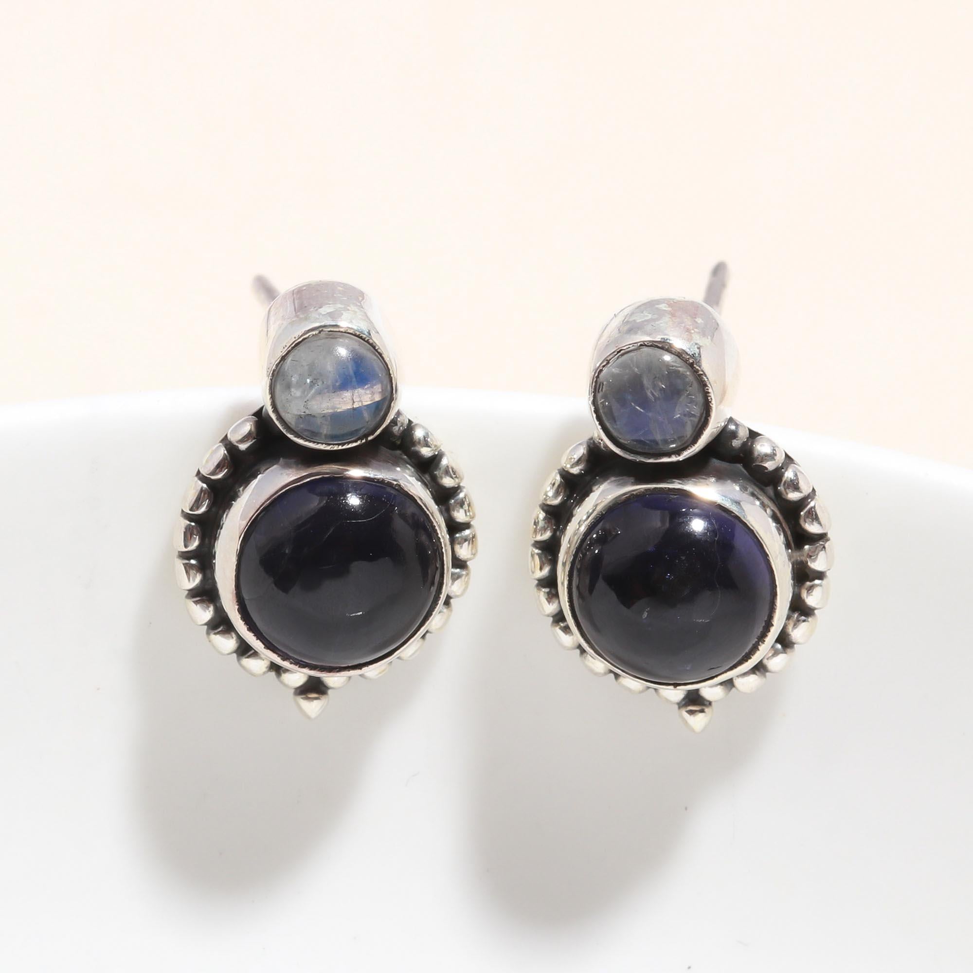 925 Sterling Silver Iolite & Aquamarine Vintage Boho Stud Earrings