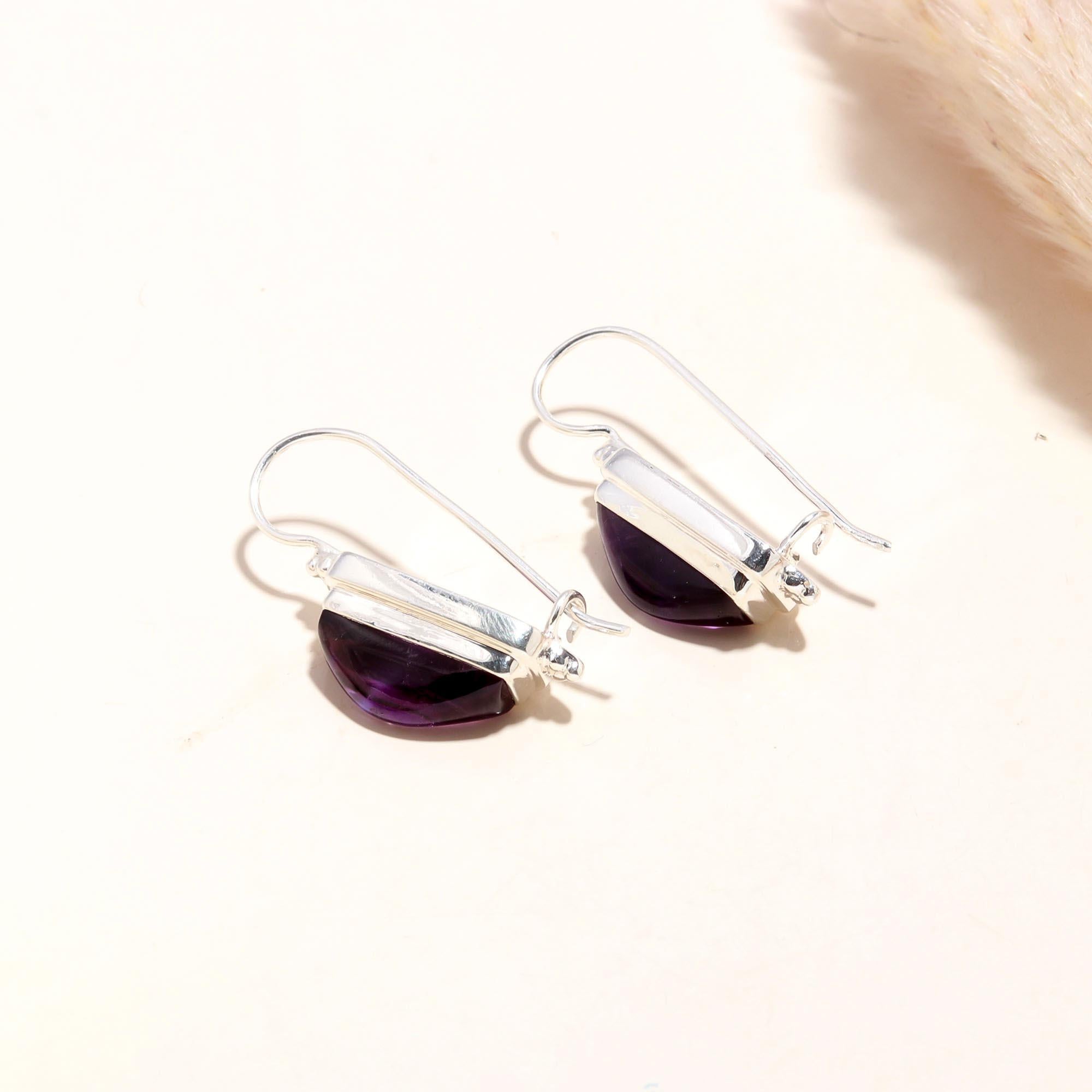 925 Sterling Silver Rectangular Amethyst Gemstone Dangle Earrings