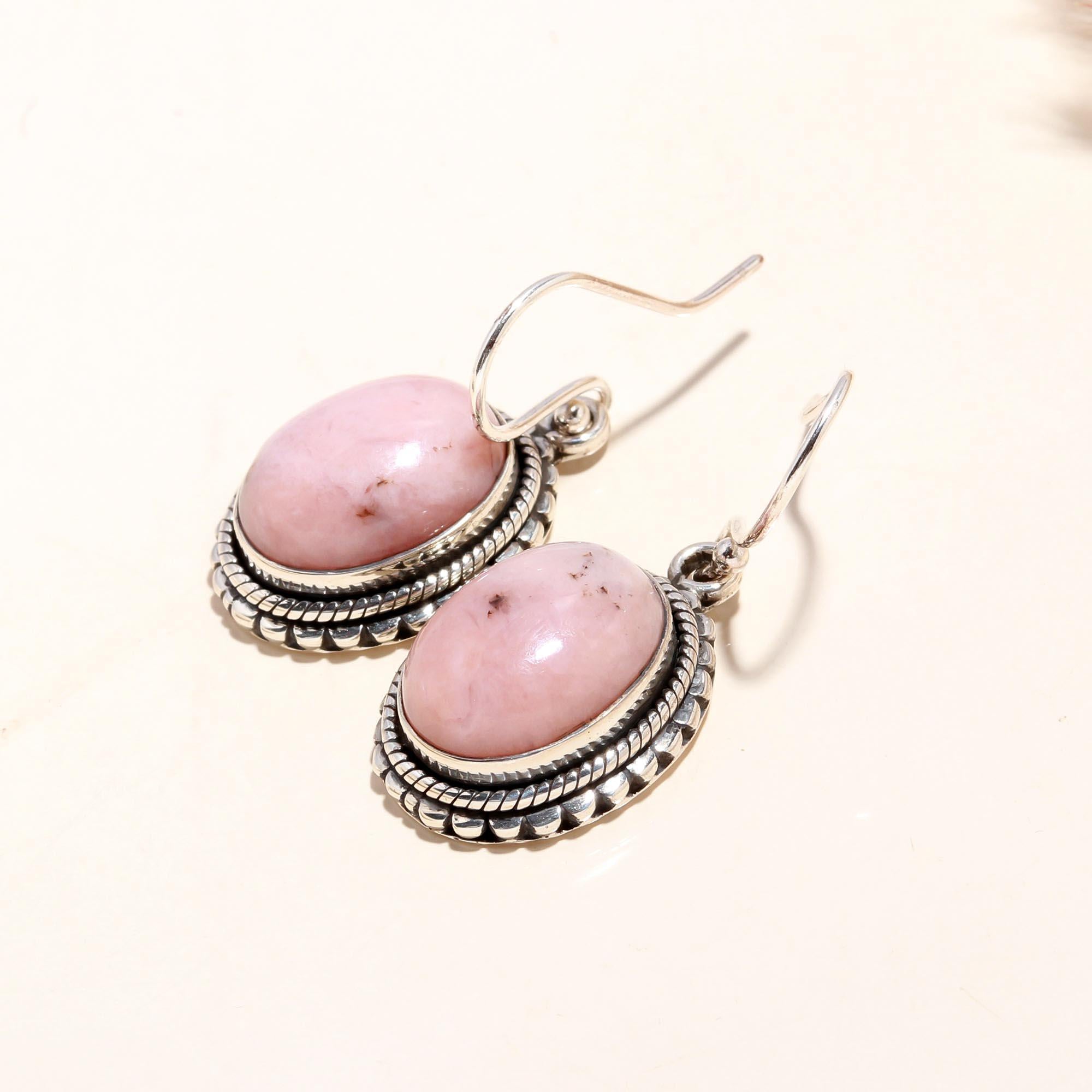 925 Sterling Silver Pink Rhodonite Vintage Boho Dangle Earrings