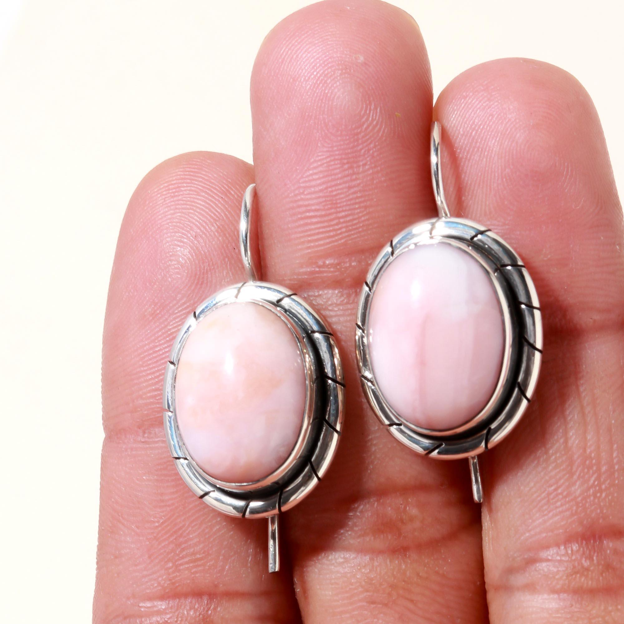 925 Sterling Silver Pink Opal Dangle Earrings
