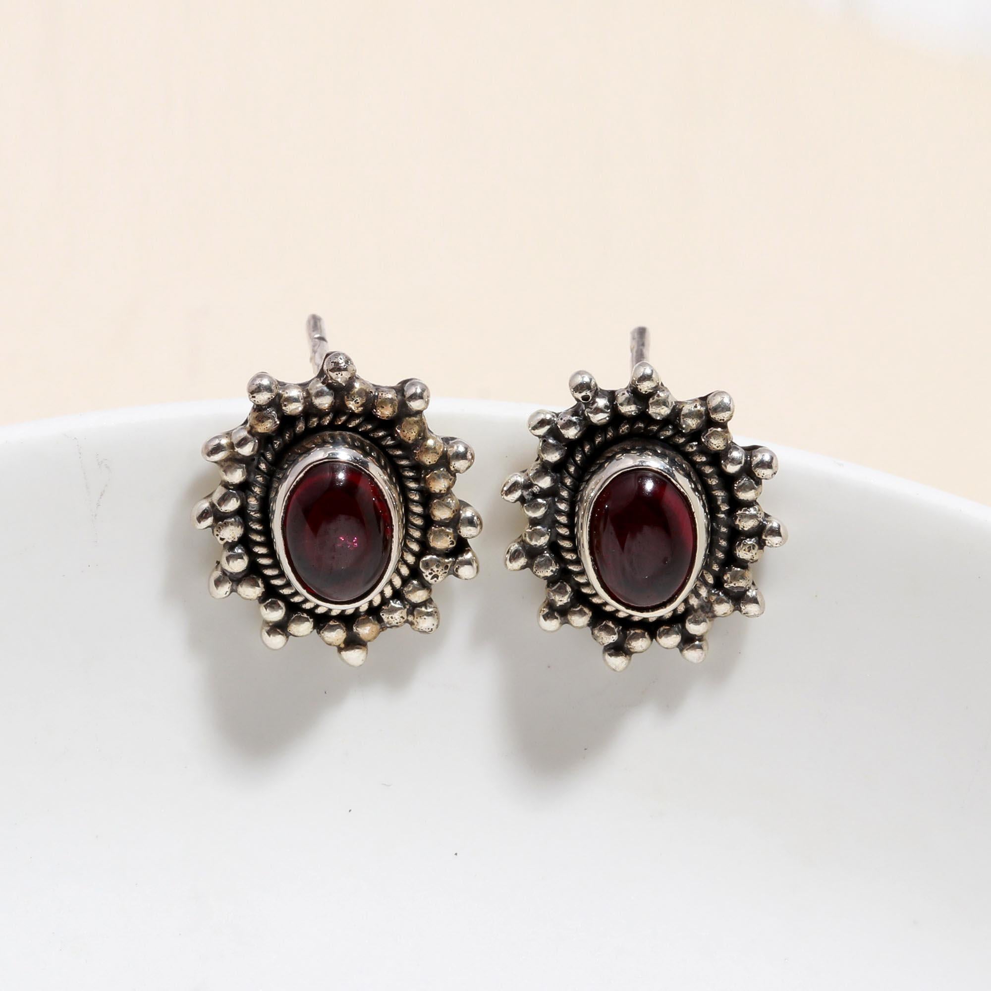 925 Sterling Silver Garnet Vintage Boho Stud Earrings