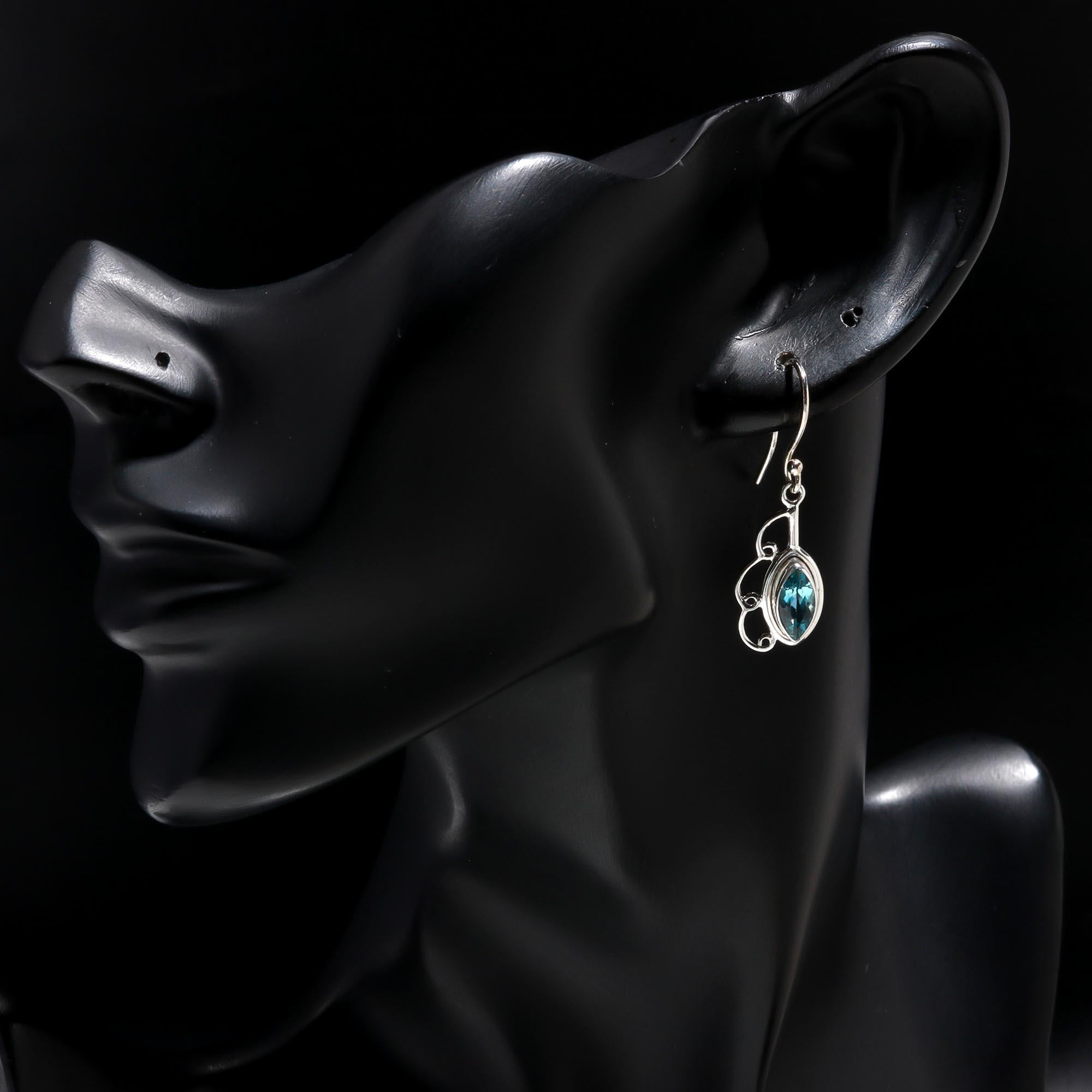 The Azure Leaf: Blue Topaz & Silver Filigree Drop Earrings
