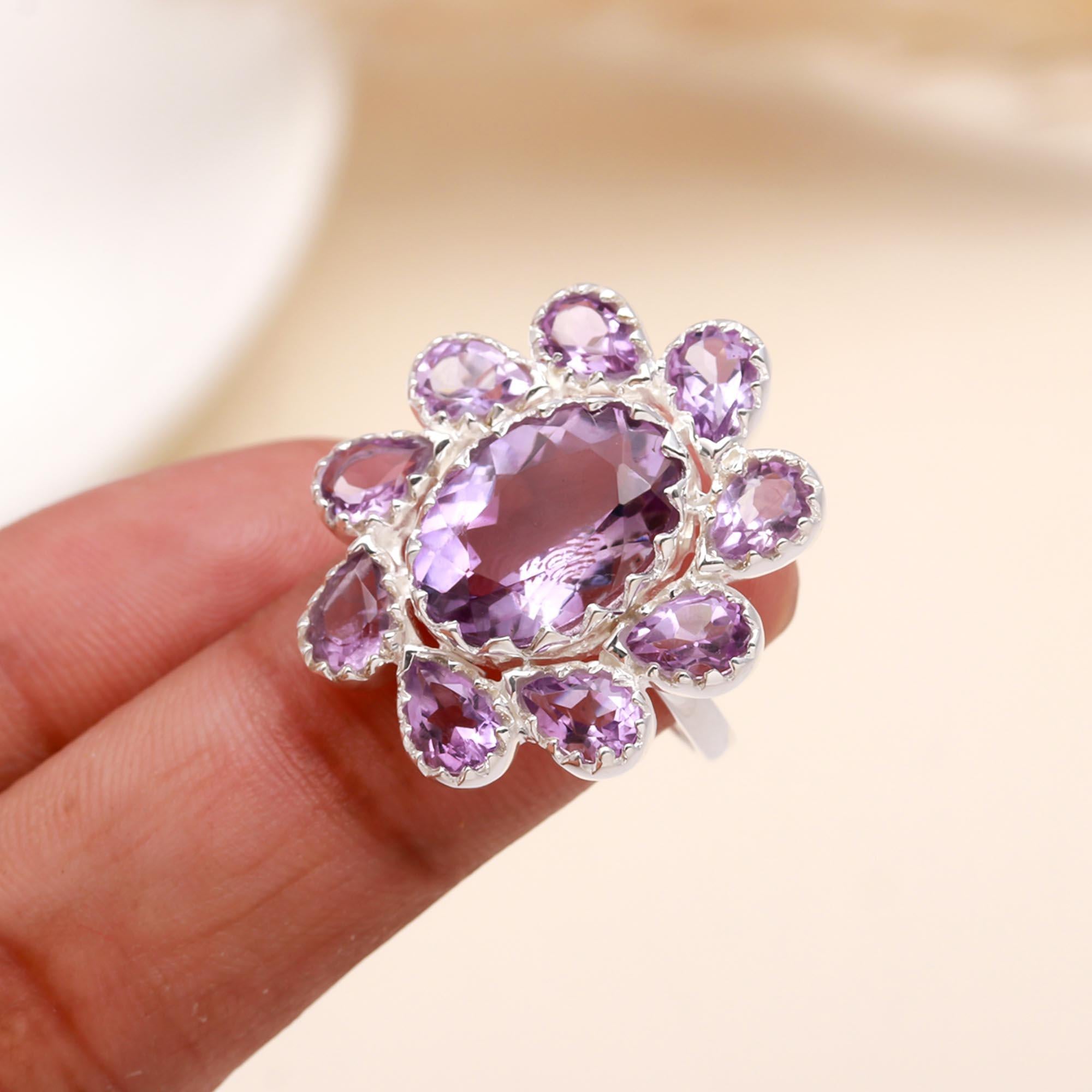 The Violet Bloom: Amethyst  Silver Floral Cluster Ring