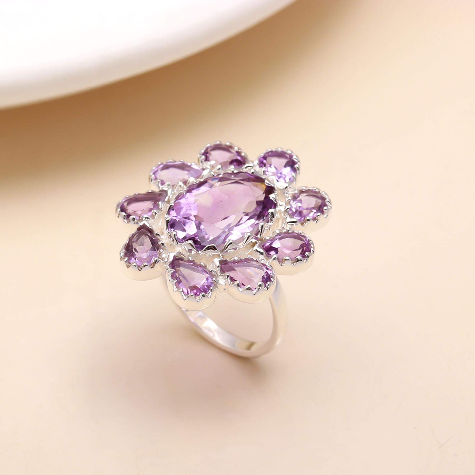 The Violet Bloom: Amethyst  Silver Floral Cluster Ring