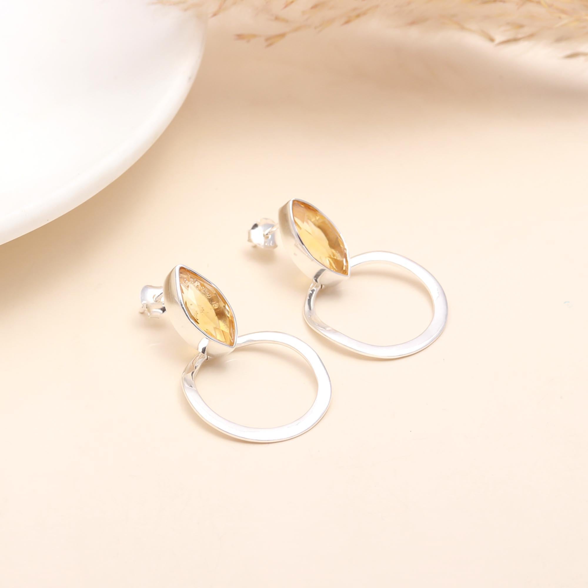 The Solar Orbit: Citrine Marquise & Silver Circle Earrings