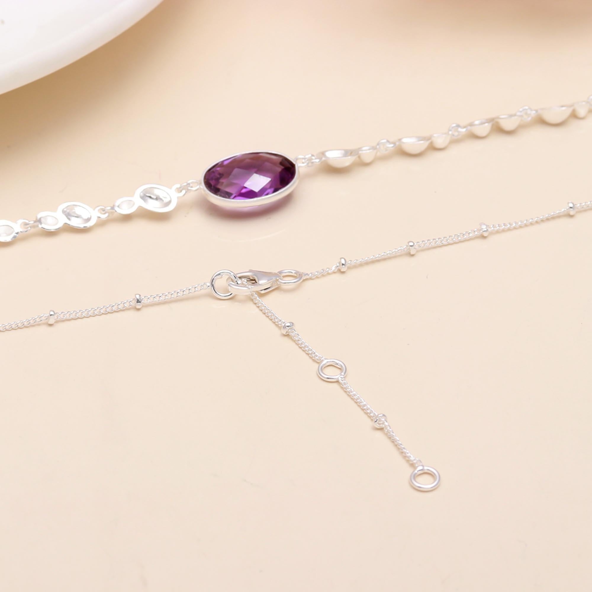 925 Sterling Silver Oval Amethyst Beaded Necklace