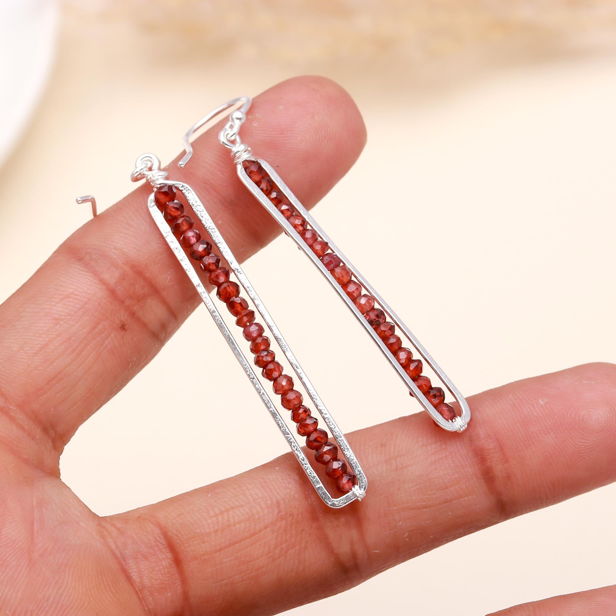925 Sterling Silver Garnet Modern Long Dangle Earrings