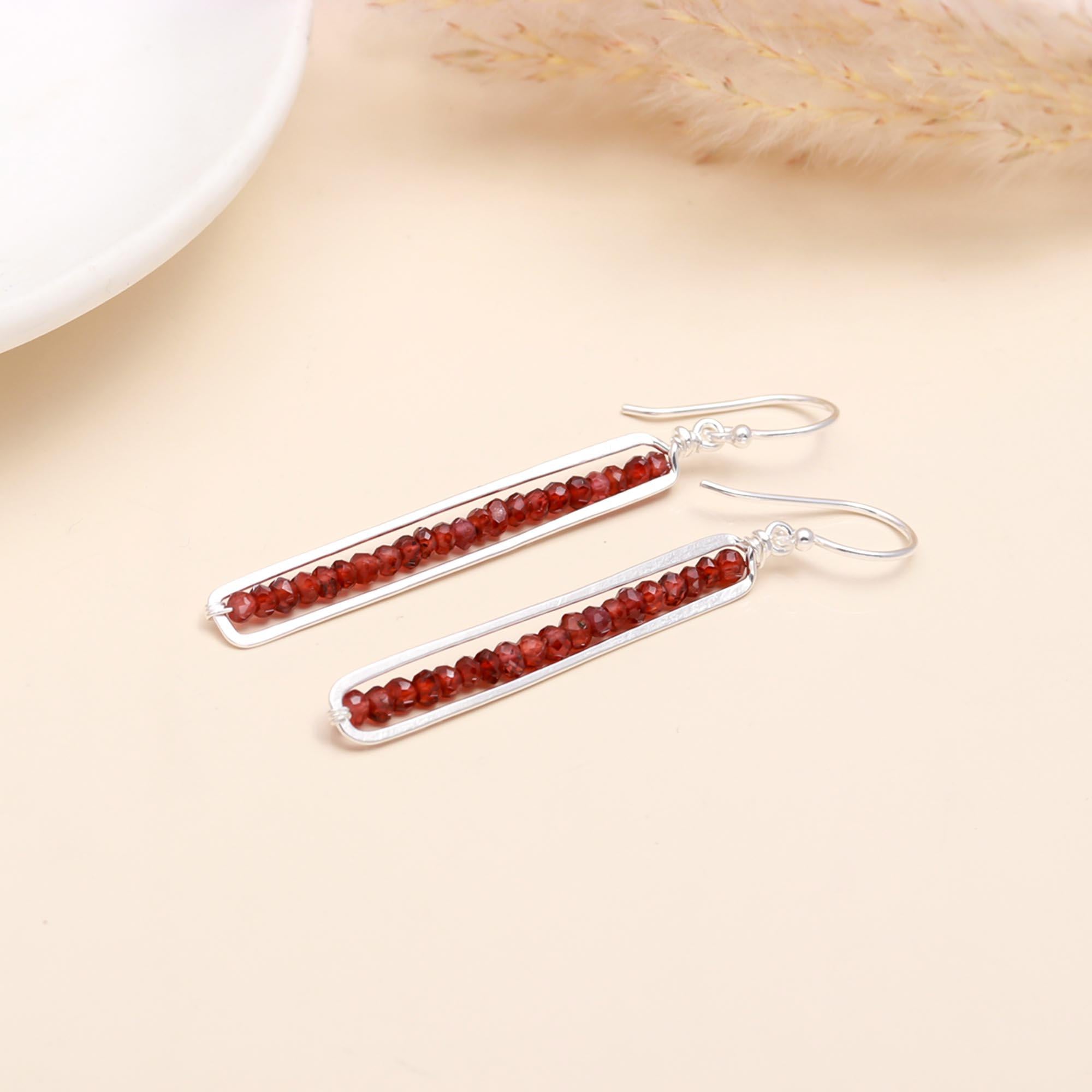 925 Sterling Silver Garnet Modern Long Dangle Earrings