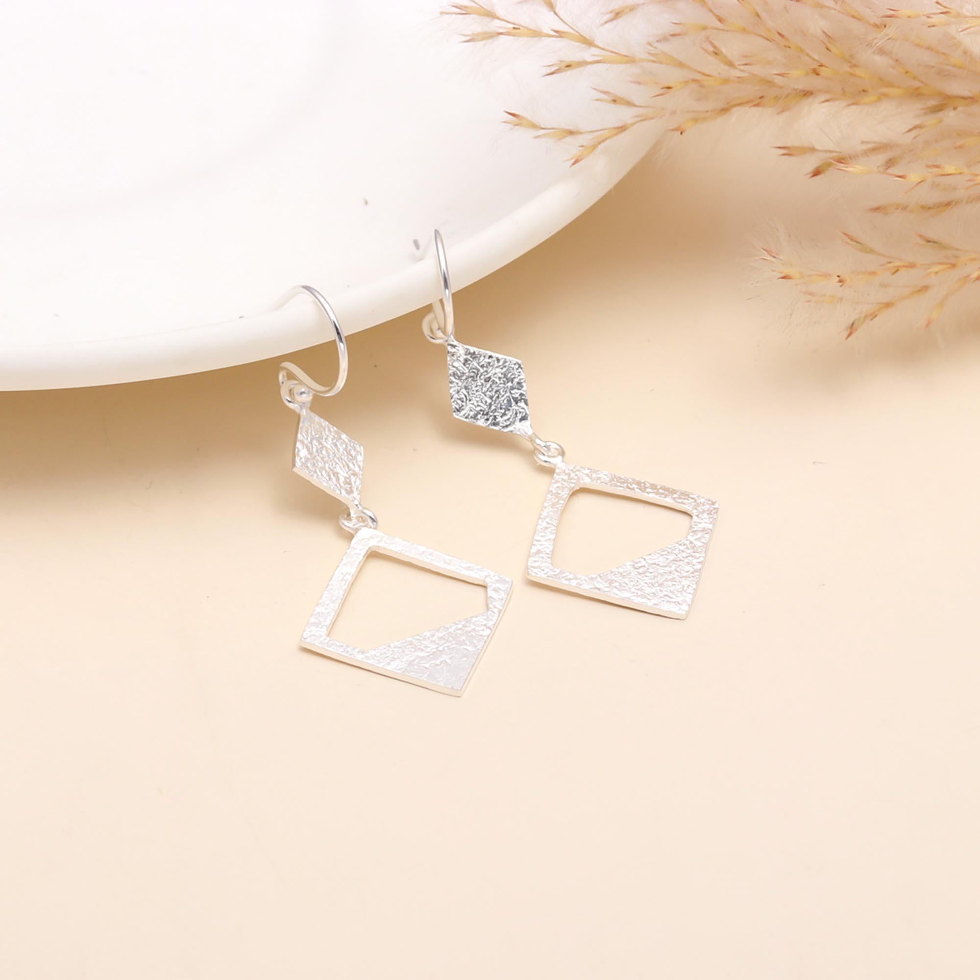 925 Sterling Silver Textured Geometric Modern Drop Earrings