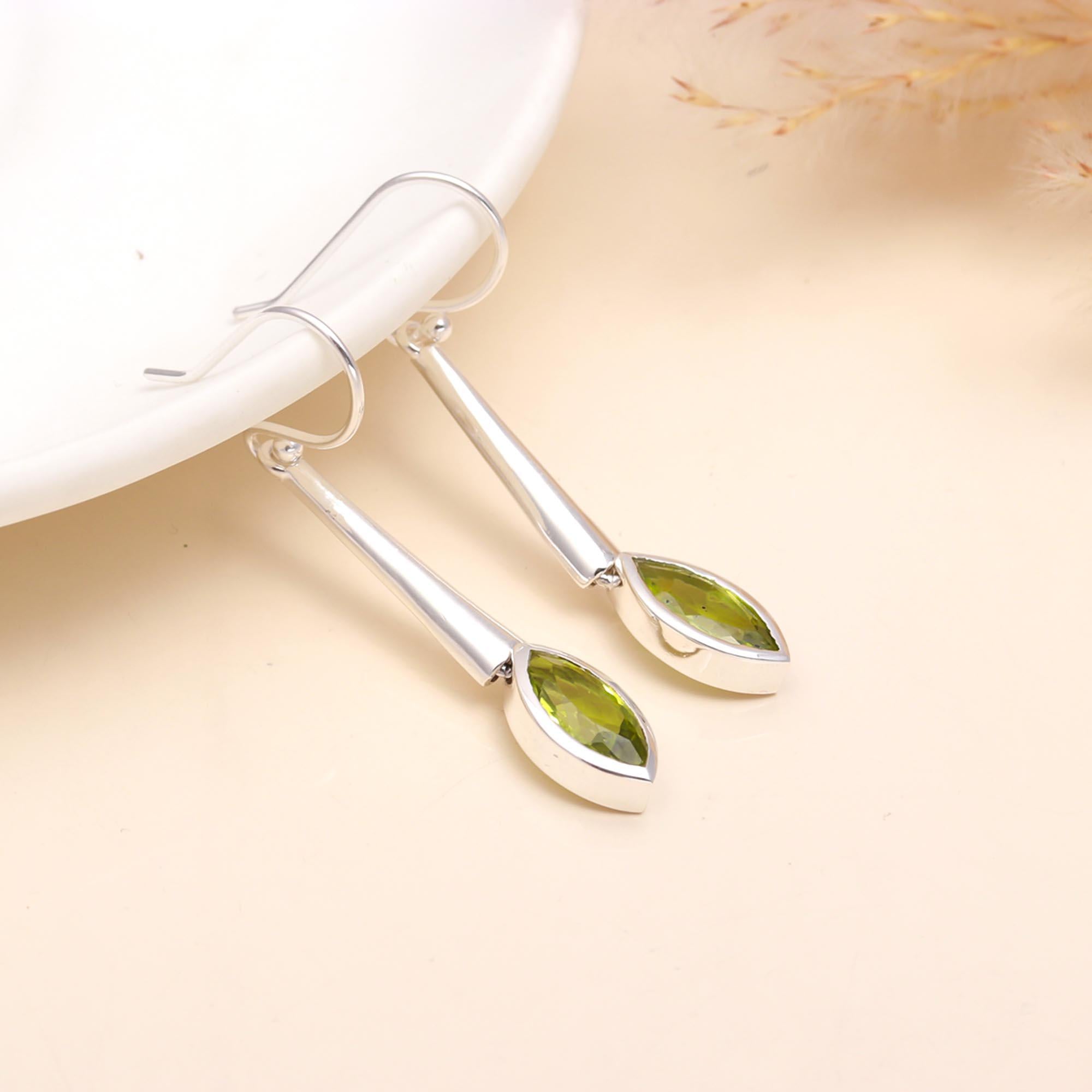 925 Sterling Silver Marquise Peridot Dangle Earrings
