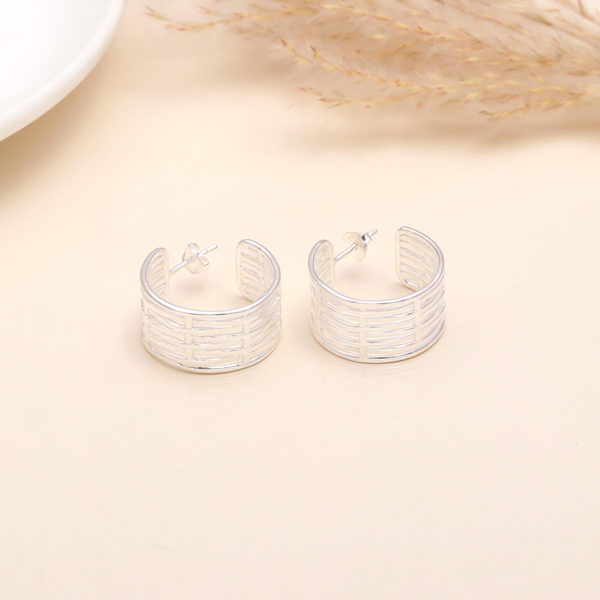 925 Sterling Silver Modern Wide Grid Multi-Rowed Studs Earrings