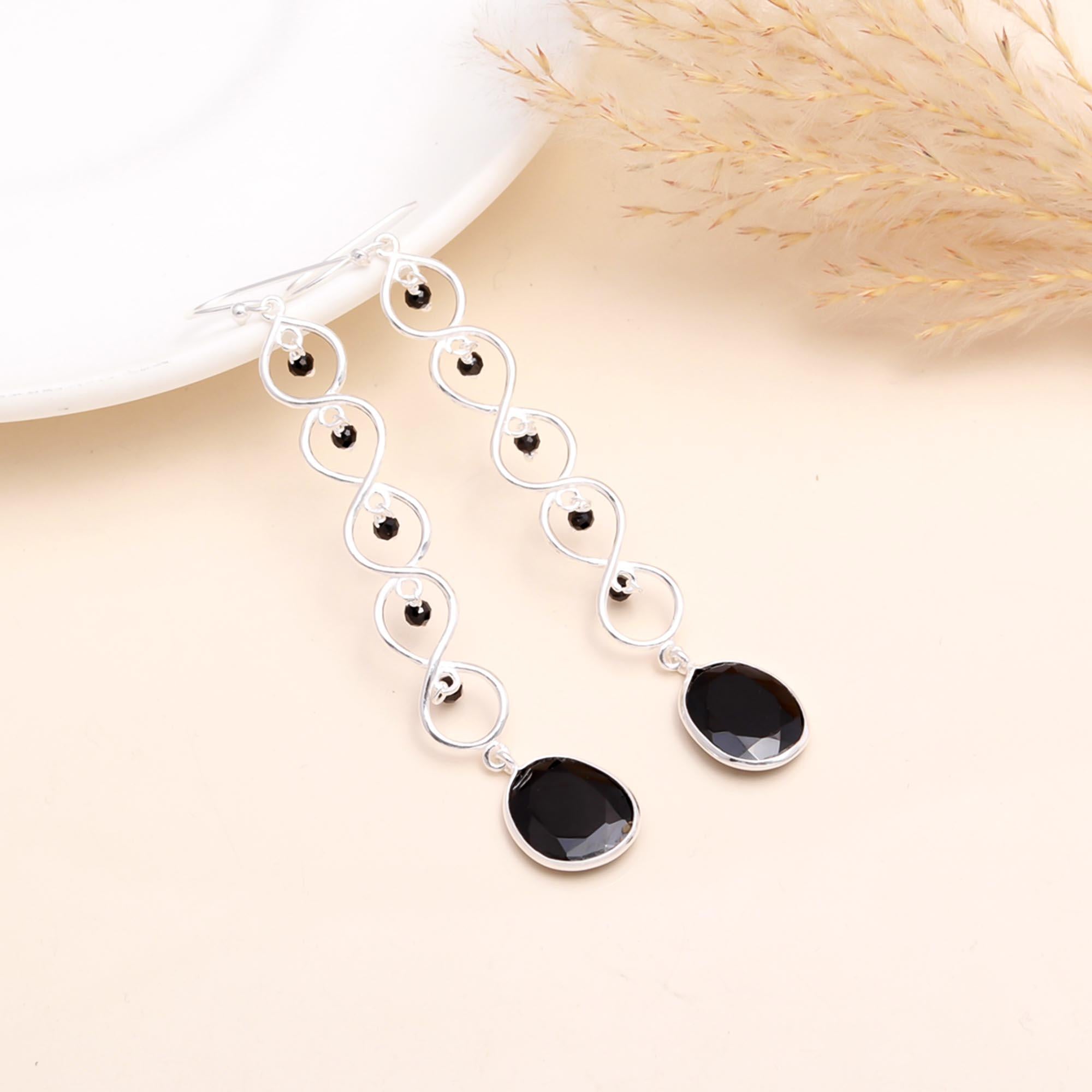 925 Sterling Silver Black Onyx Dangle Earrings